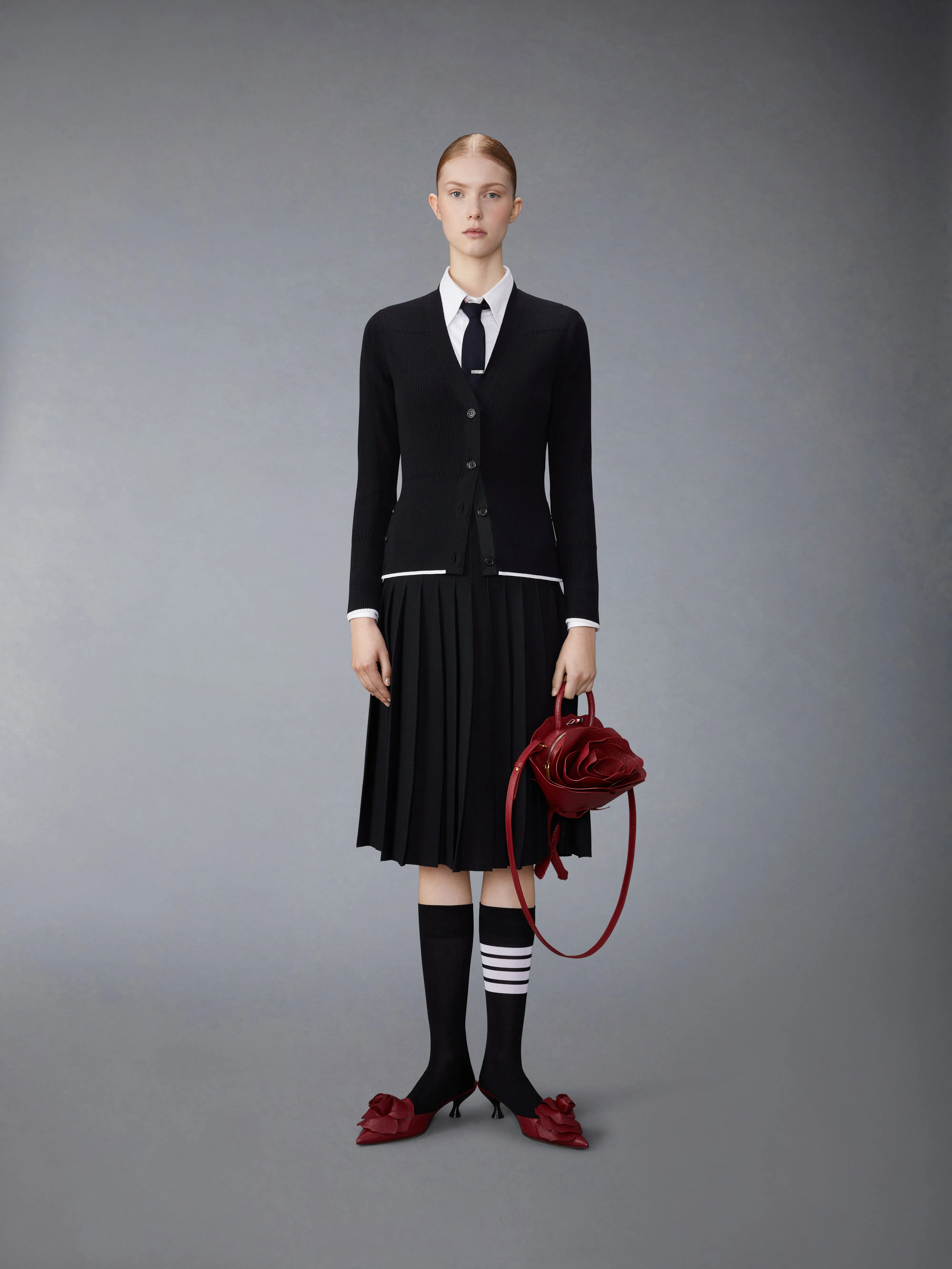 WOOL SILK BLEND TIPPING RIB STITCH CABLE CARDIGAN sold by Thom Browne product image thumbnail 3