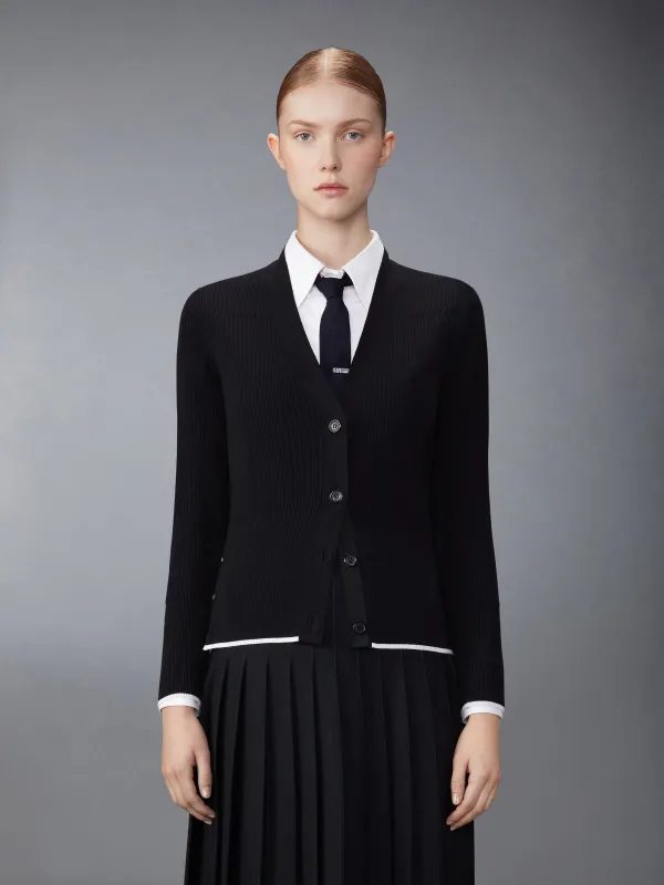 WOOL SILK BLEND TIPPING RIB STITCH CABLE CARDIGAN sold by Thom Browne