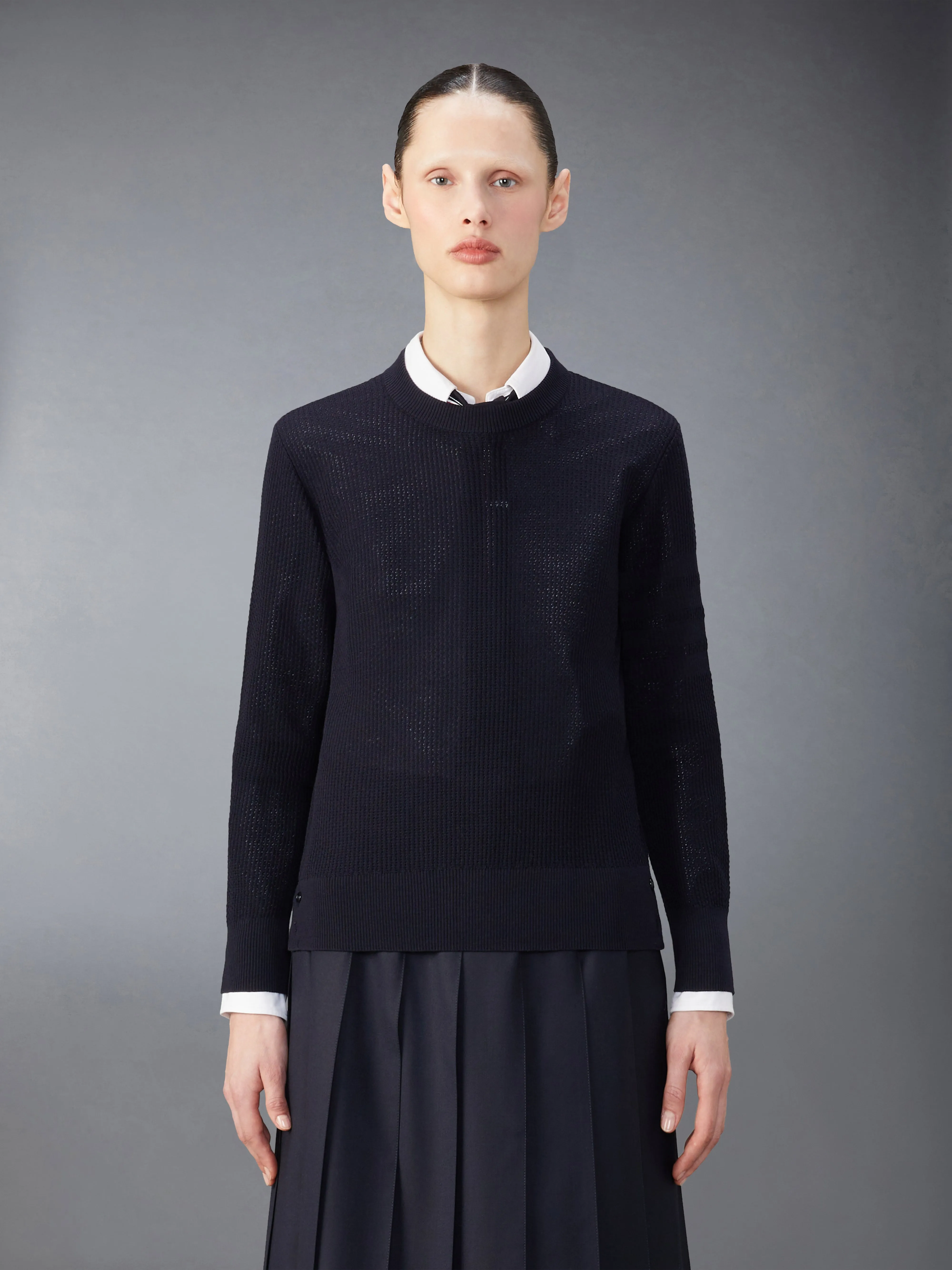 WOOL CREPE 4-BAR RELAXED FIT PULLOVER sold by Thom Browne