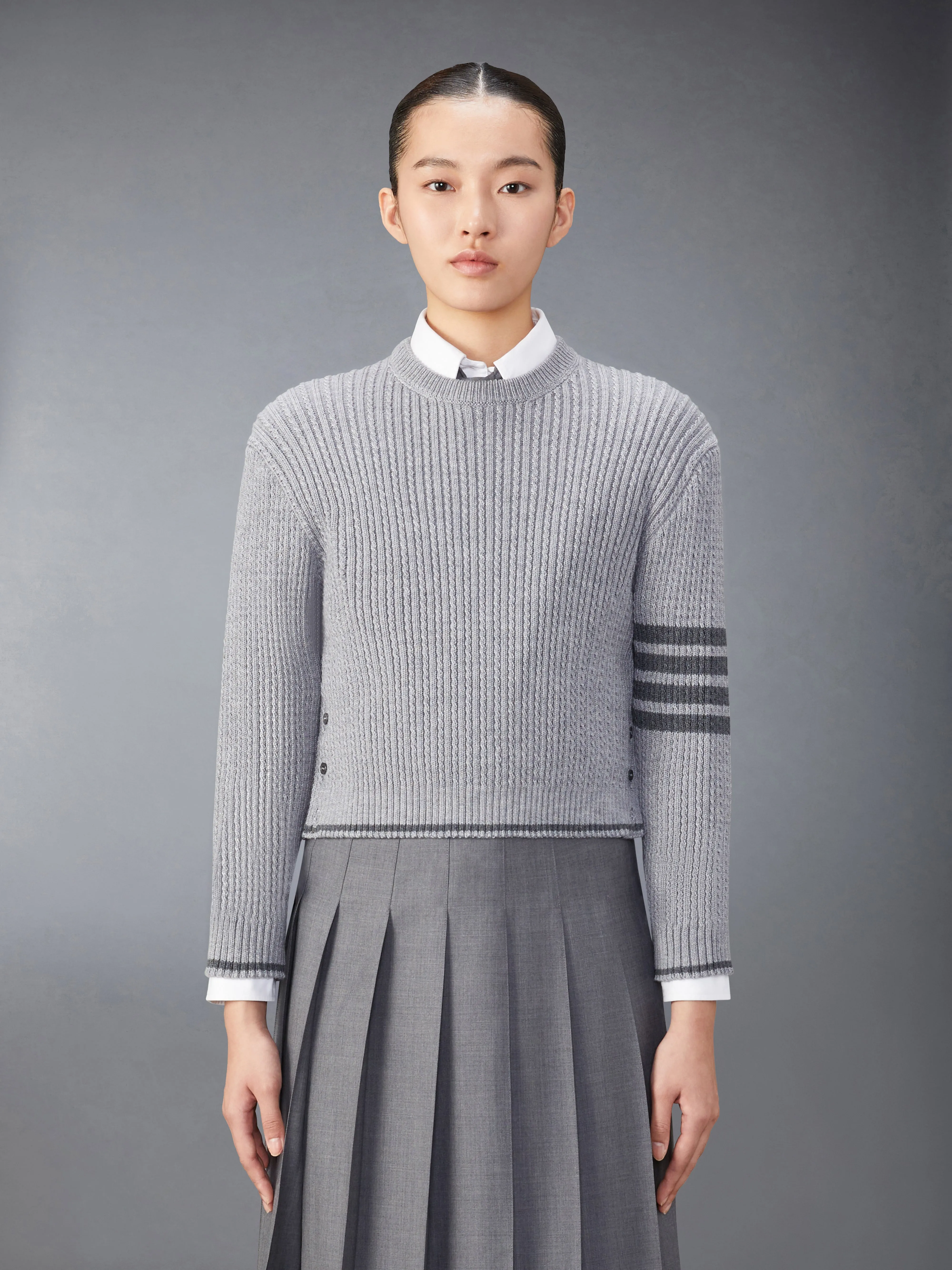 MERINO WOOL 4-BAR CROPPED CABLE PULLOVER sold by Thom Browne