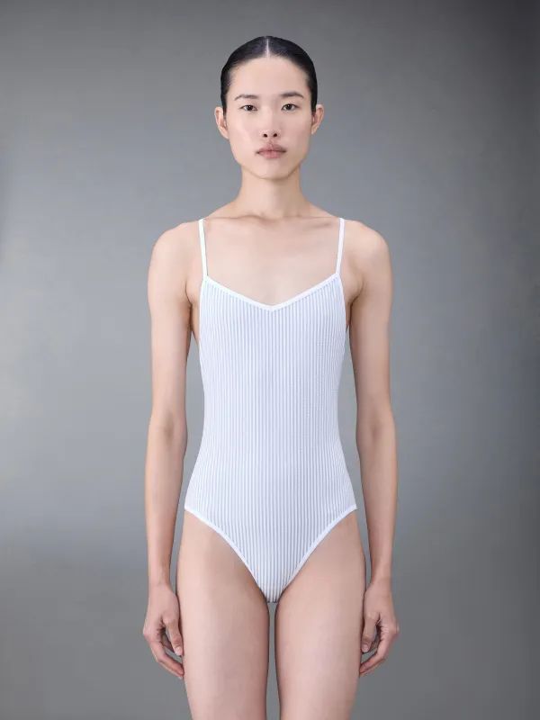 SEERSUCKER V NECK ONE PIECE SWIMSUIT made by Thom Browne