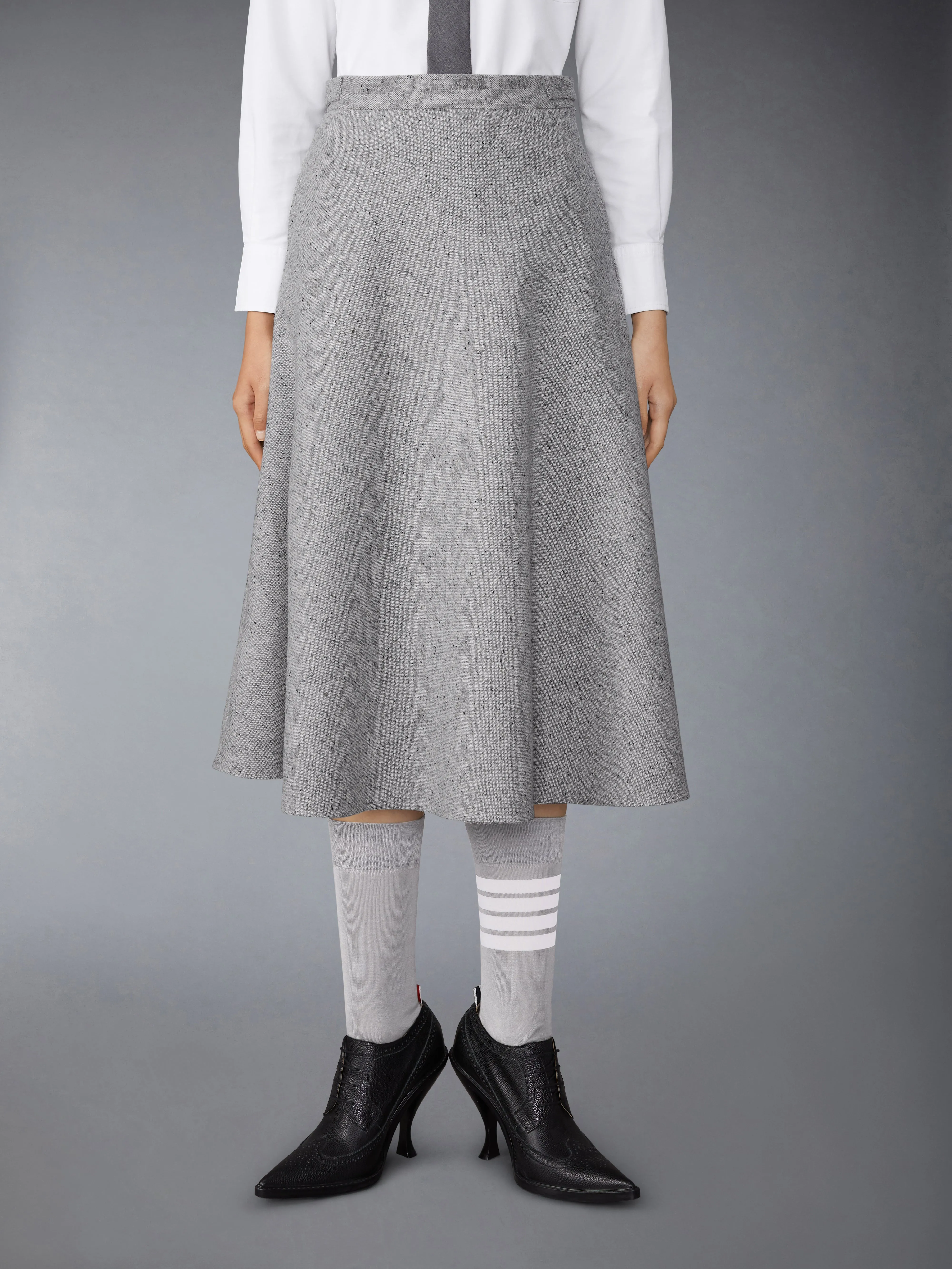 LIGHT WEIGHT IRISH DONEGAL TWEED MIDI A-LINE SIDE TAB SKIRT sold by Thom Browne