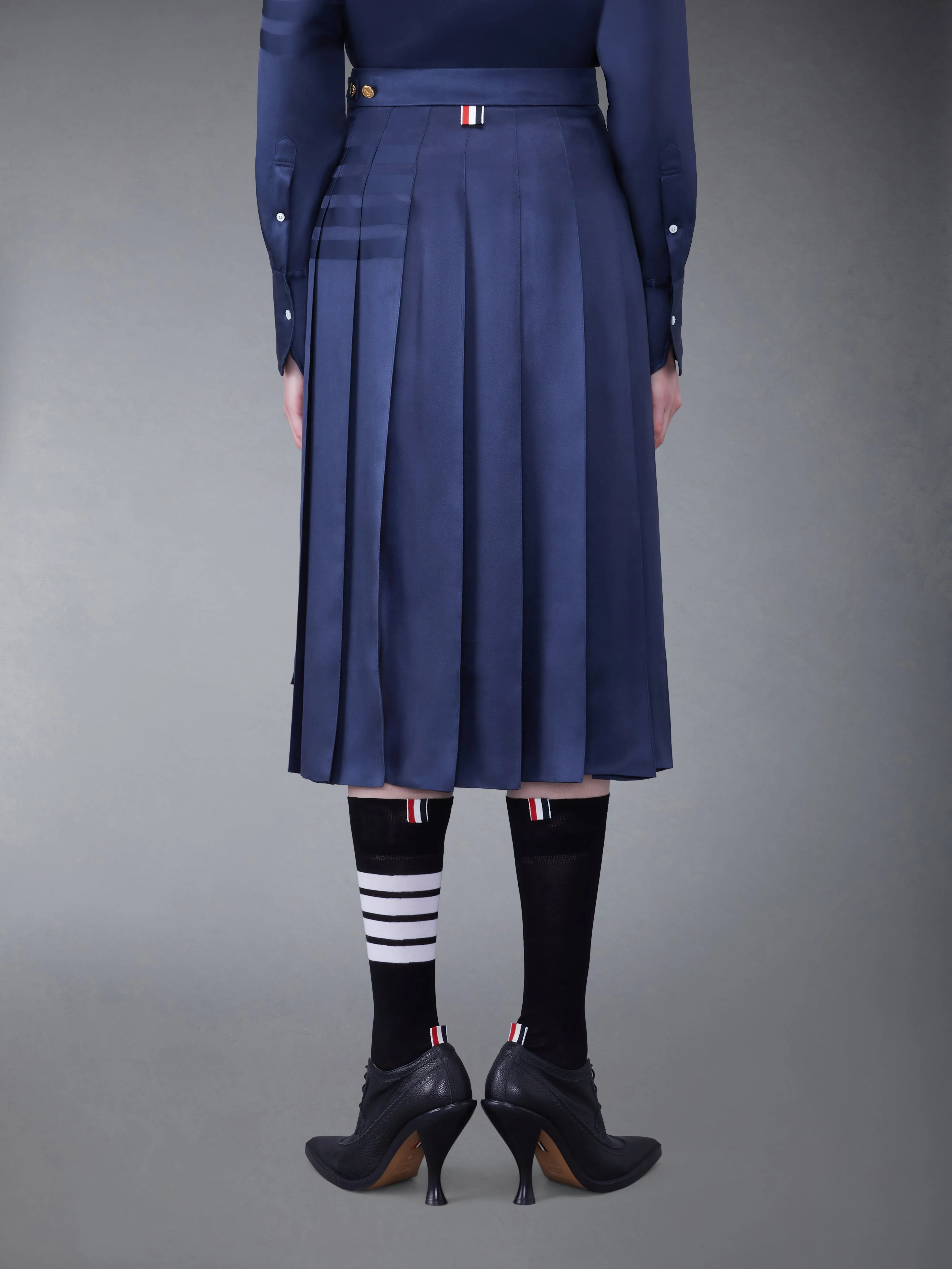 SILK TWILL 4-BAR MIDI PLEATED SKIRT sold by Thom Browne product image thumbnail 3