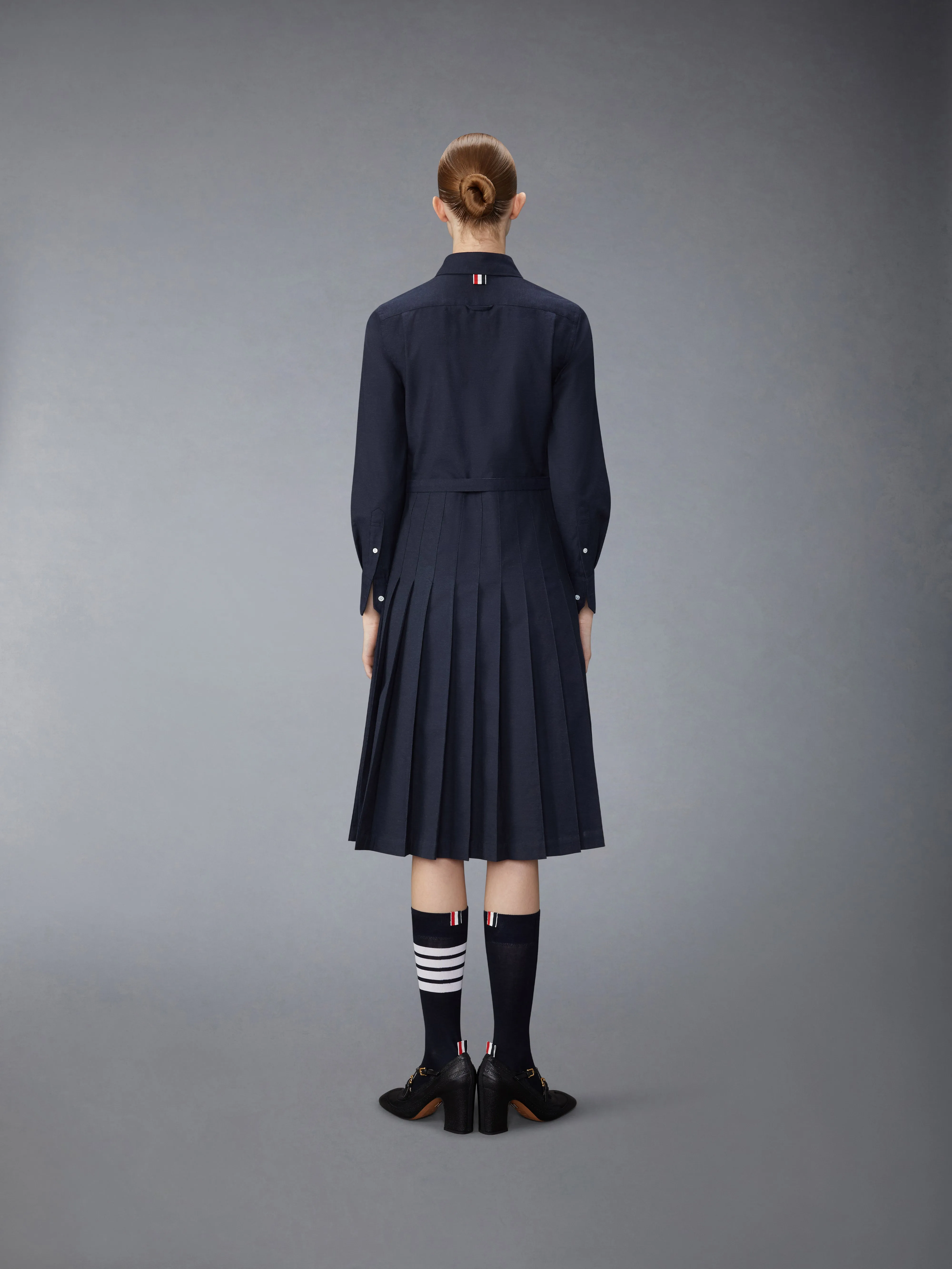 STRIPE COTTON FLANNEL MIDI PLEATED BOTTOM BELTED DRESS sold by Thom Browne product image thumbnail 3