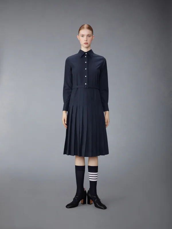 STRIPE COTTON FLANNEL MIDI PLEATED BOTTOM BELTED DRESS sold by Thom Browne