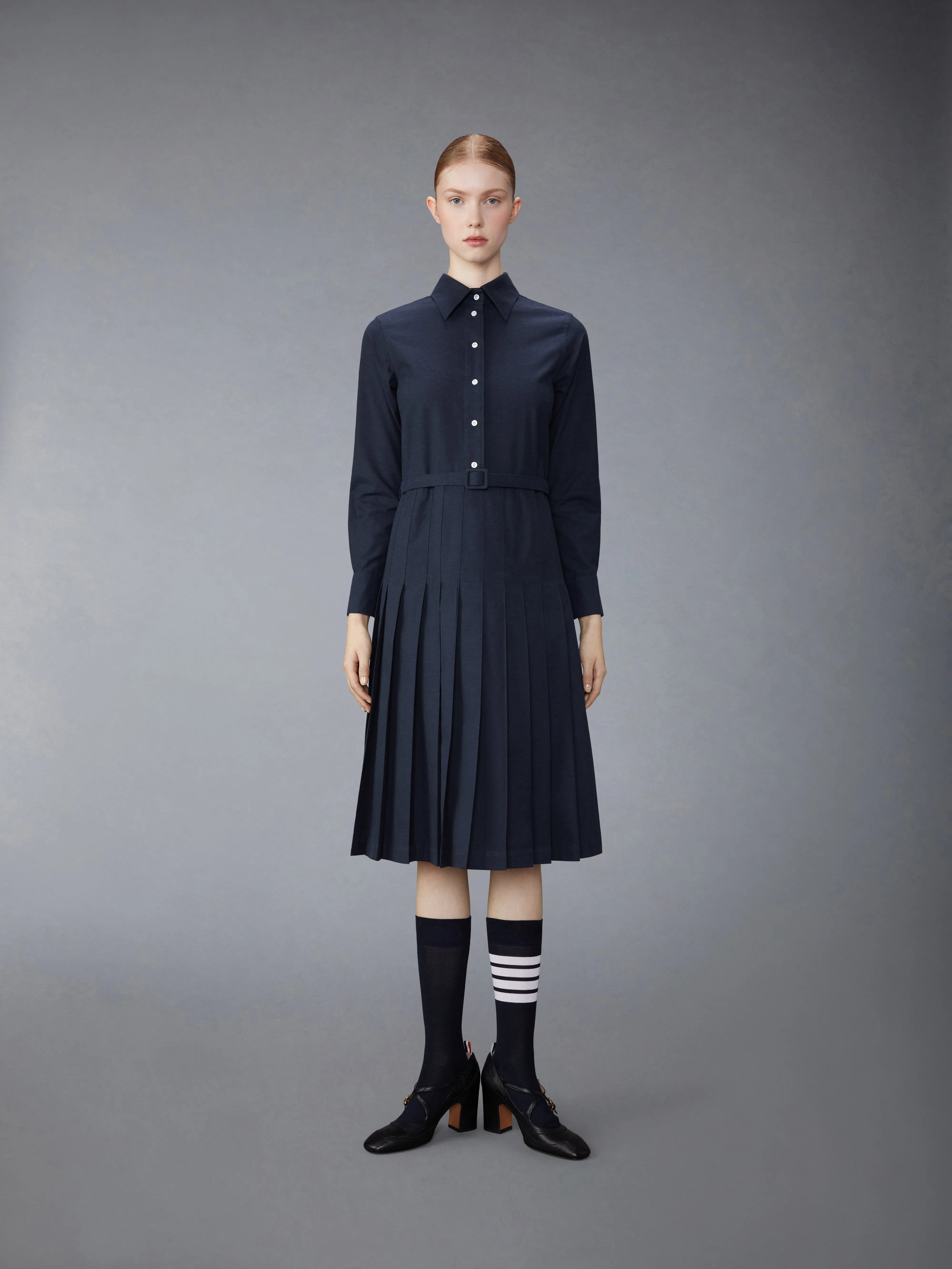 STRIPE COTTON FLANNEL MIDI PLEATED BOTTOM BELTED DRESS sold by Thom Browne