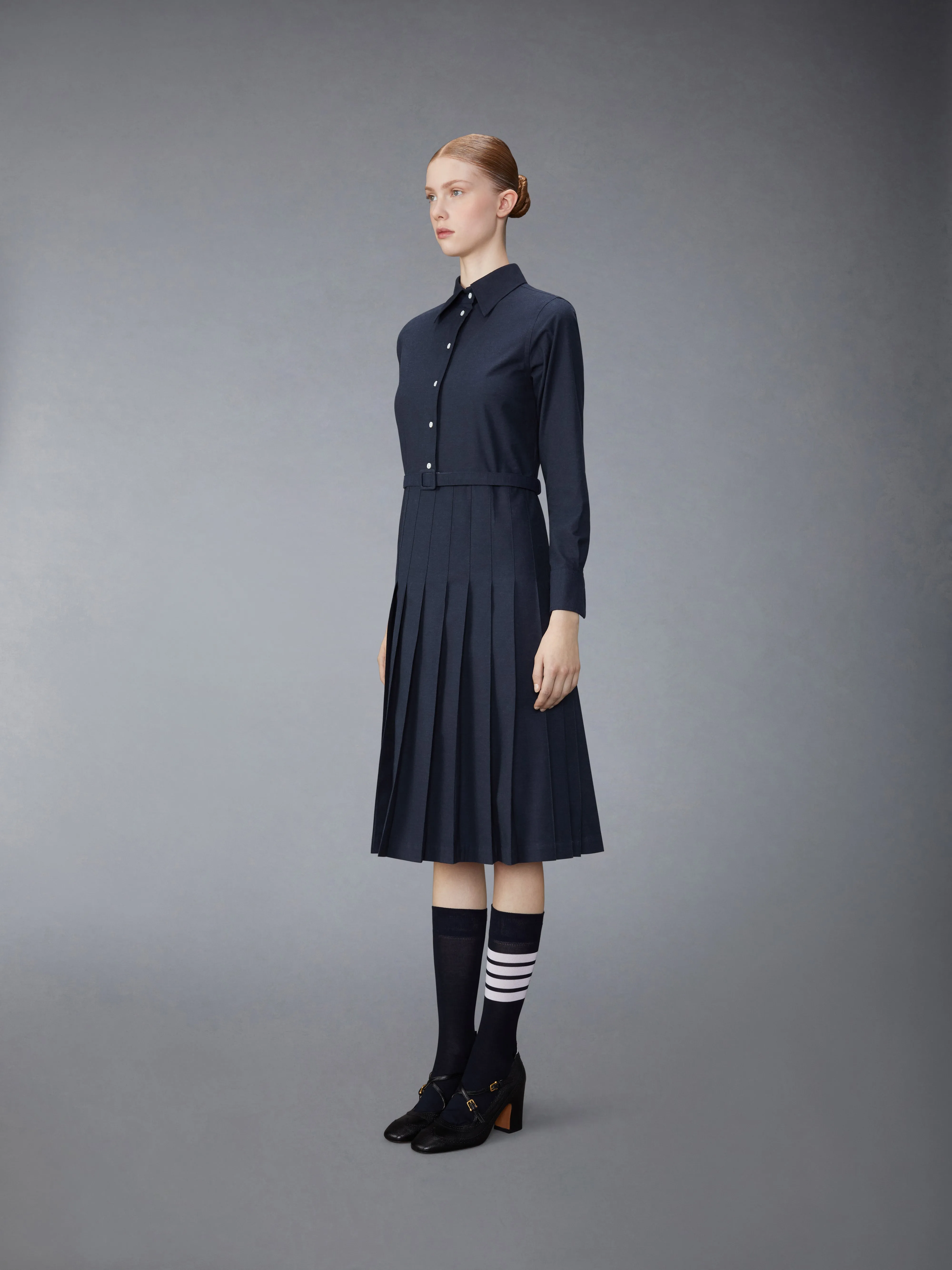 STRIPE COTTON FLANNEL MIDI PLEATED BOTTOM BELTED DRESS sold by Thom Browne product image thumbnail 2