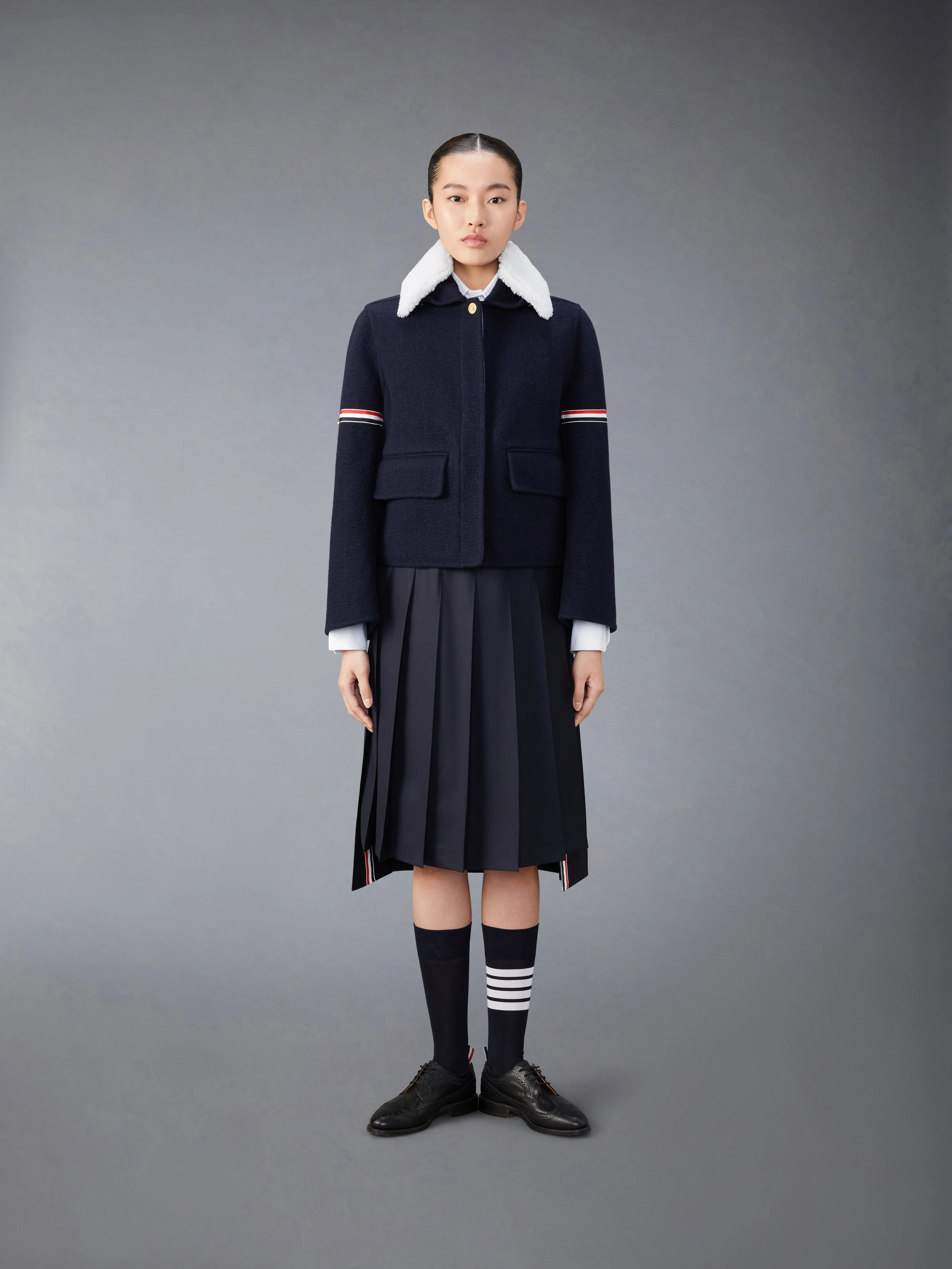 WOOL CASHMERE ARMBAND BELL SLEEVE JACKET WITH SHEARLING COLLAR sold by Thom Browne product image thumbnail 5