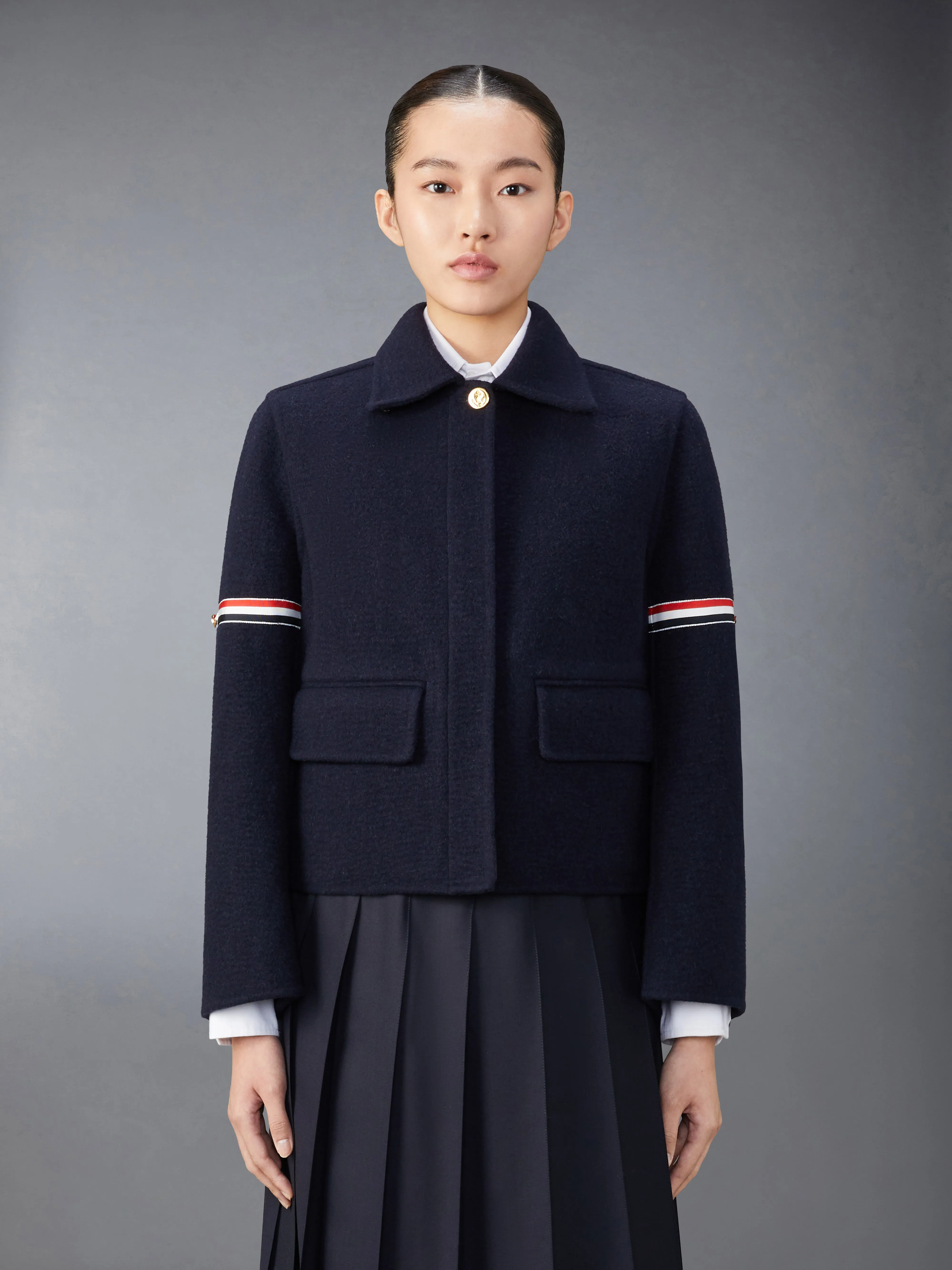 WOOL CASHMERE ARMBAND BELL SLEEVE JACKET WITH SHEARLING COLLAR sold by Thom Browne product image thumbnail 2