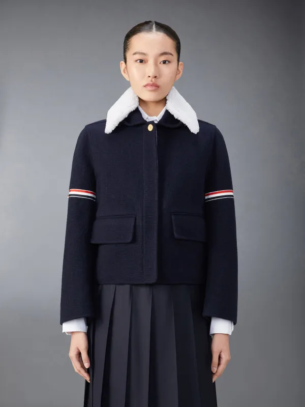 WOOL CASHMERE ARMBAND BELL SLEEVE JACKET WITH SHEARLING COLLAR sold by Thom Browne