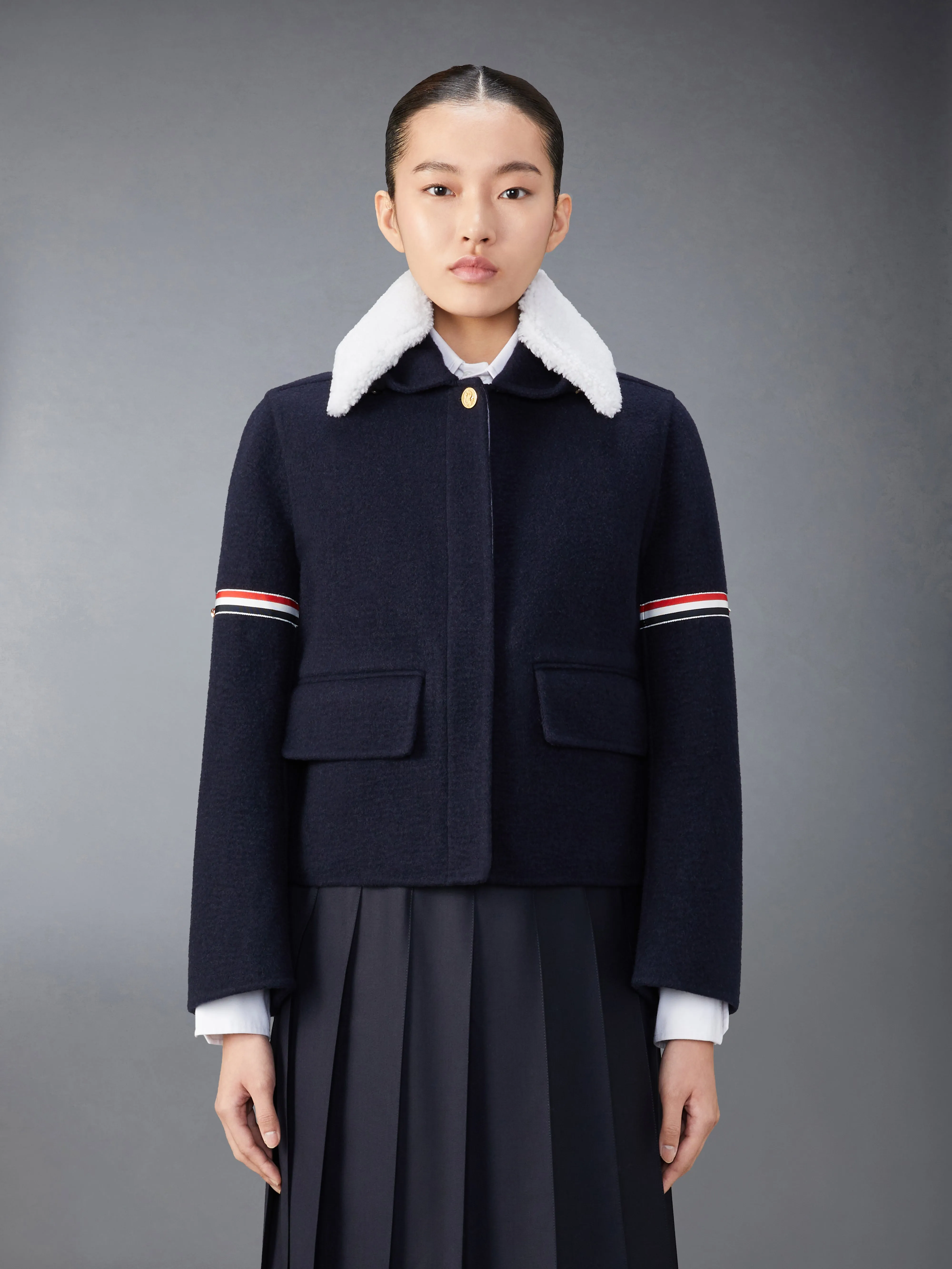 WOOL CASHMERE ARMBAND BELL SLEEVE JACKET WITH SHEARLING COLLAR sold by Thom Browne