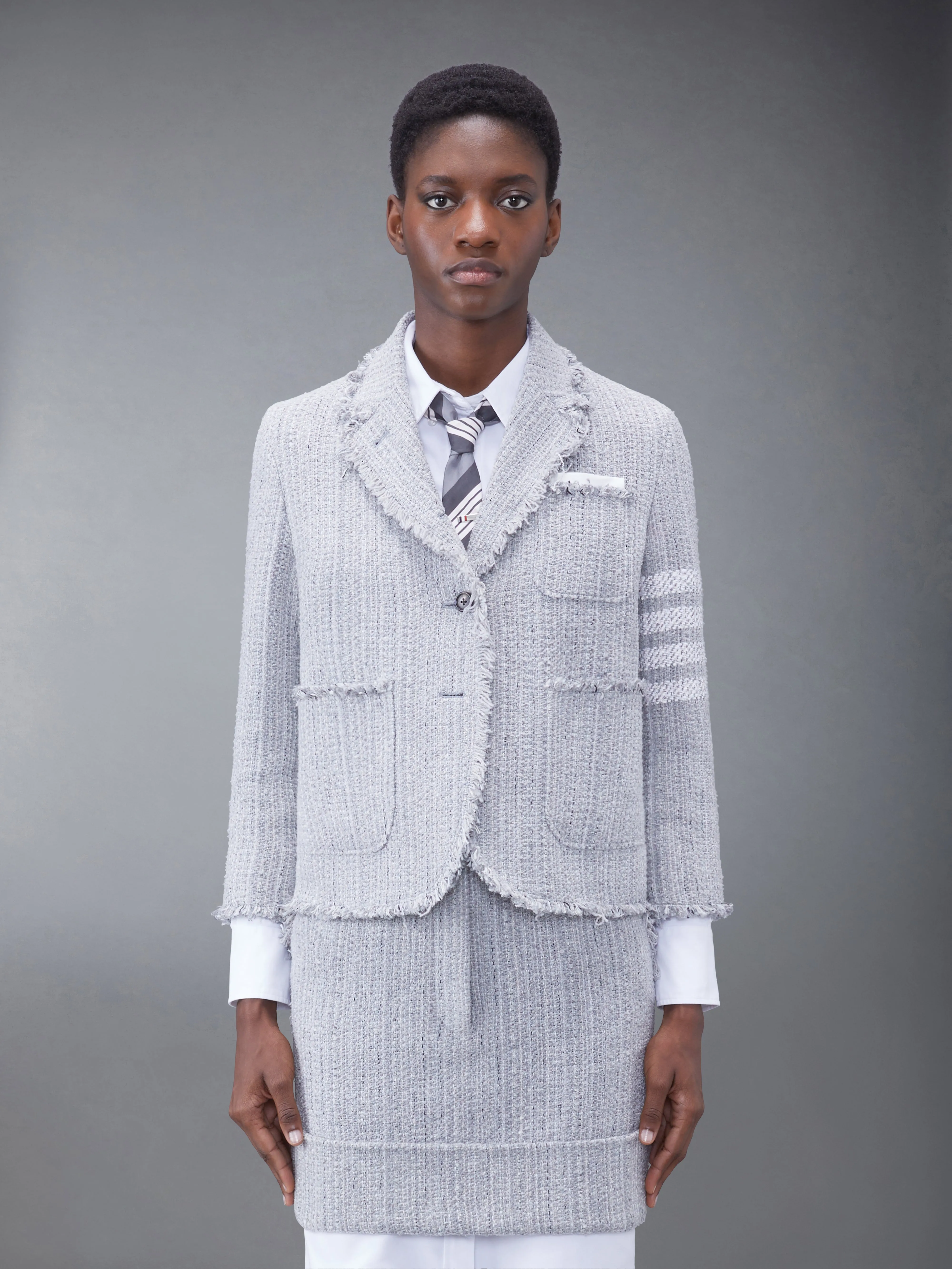 TWEED FRAY 4-BAR CROPPED SACK JACKET sold by Thom Browne
