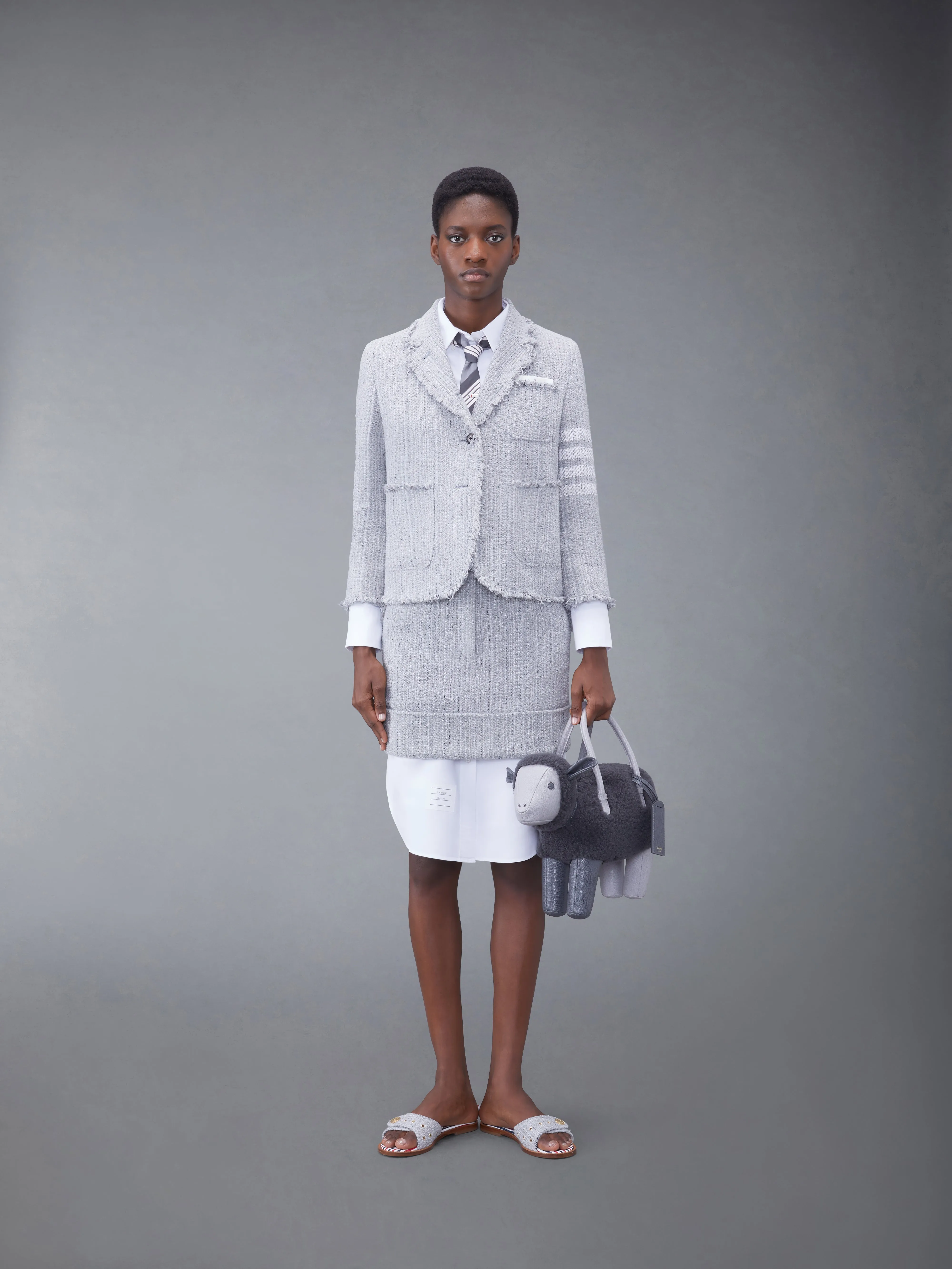 TWEED FRAY 4-BAR CROPPED SACK JACKET sold by Thom Browne product image thumbnail 3