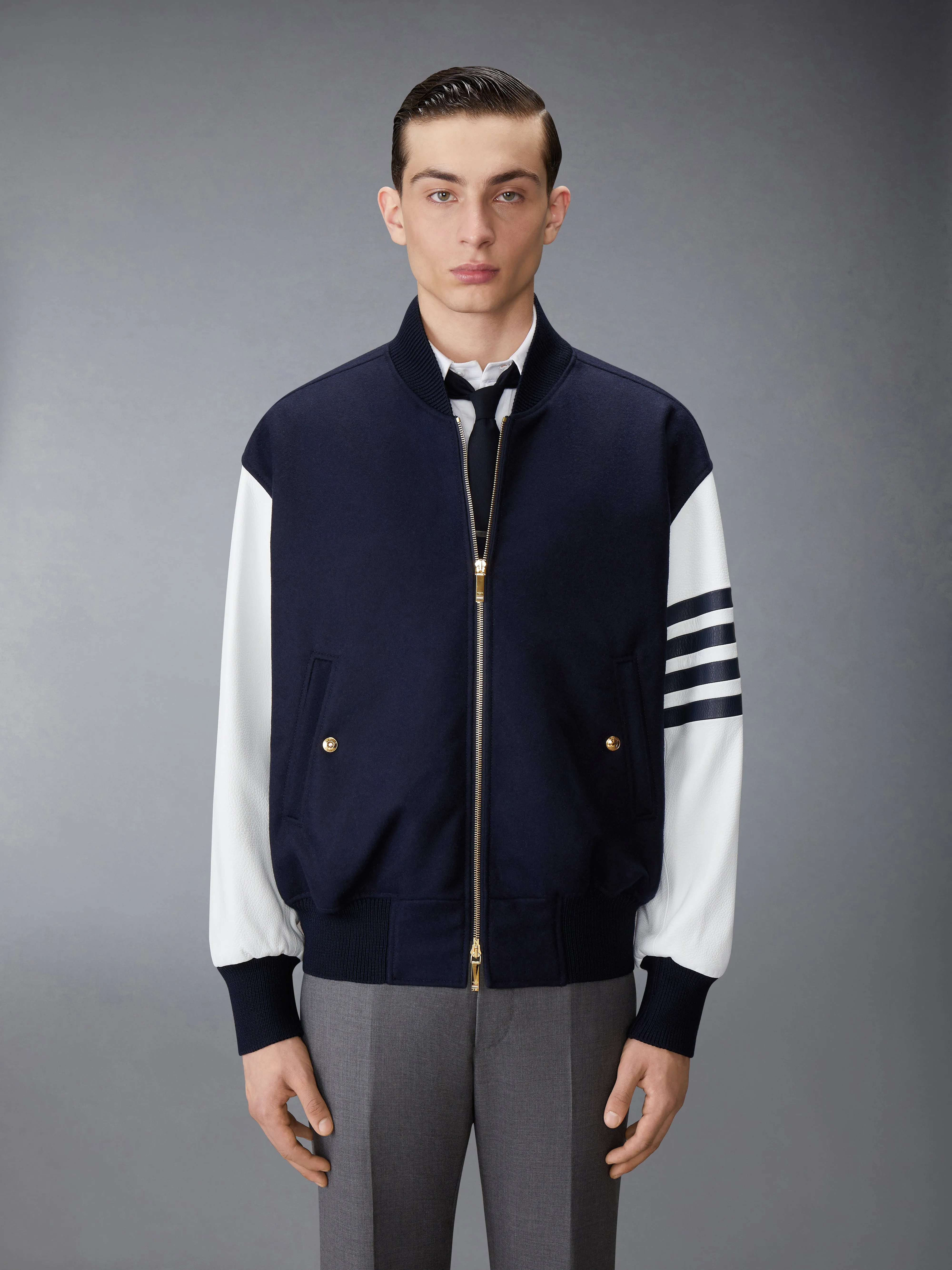 MELTON WOOL 4-BAR OVERSIZED BLOUSON JACKET sold by Thom Browne