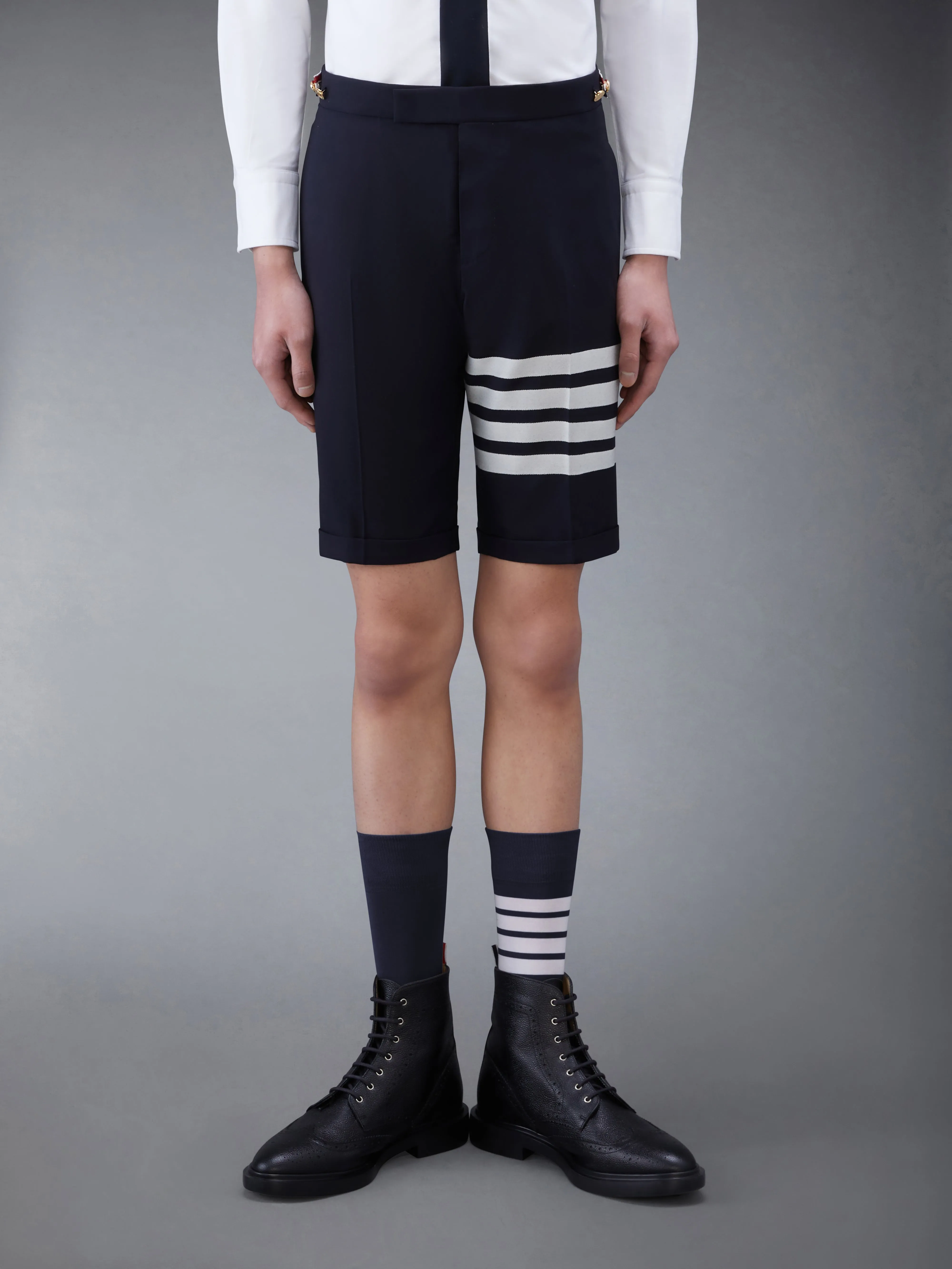 PLAIN WEAVE 4-BAR LOW RISE SHORTS sold by Thom Browne