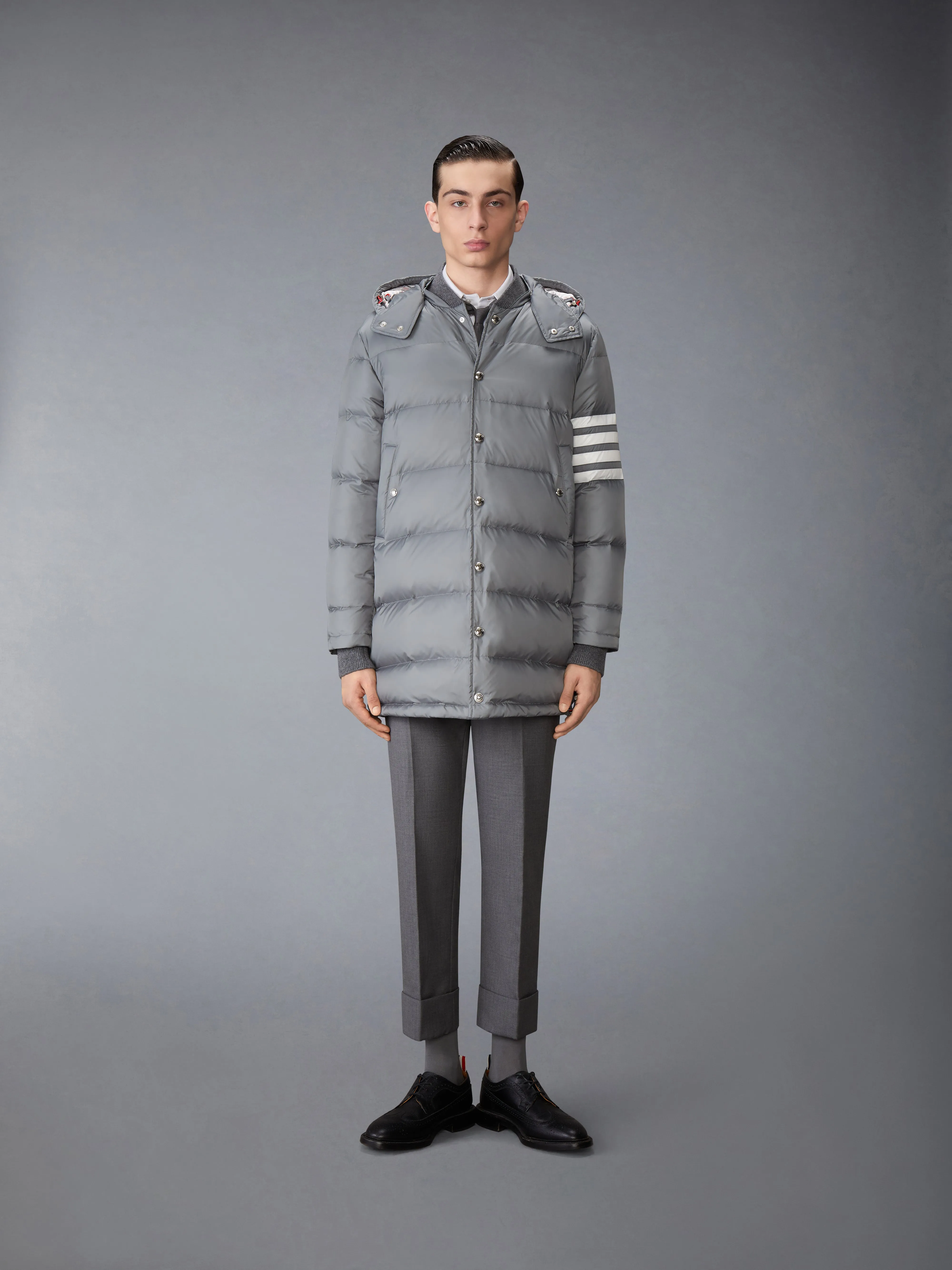 MATTE FINISH NYLON DOWN FILL 4-BAR HOOD COAT sold by Thom Browne