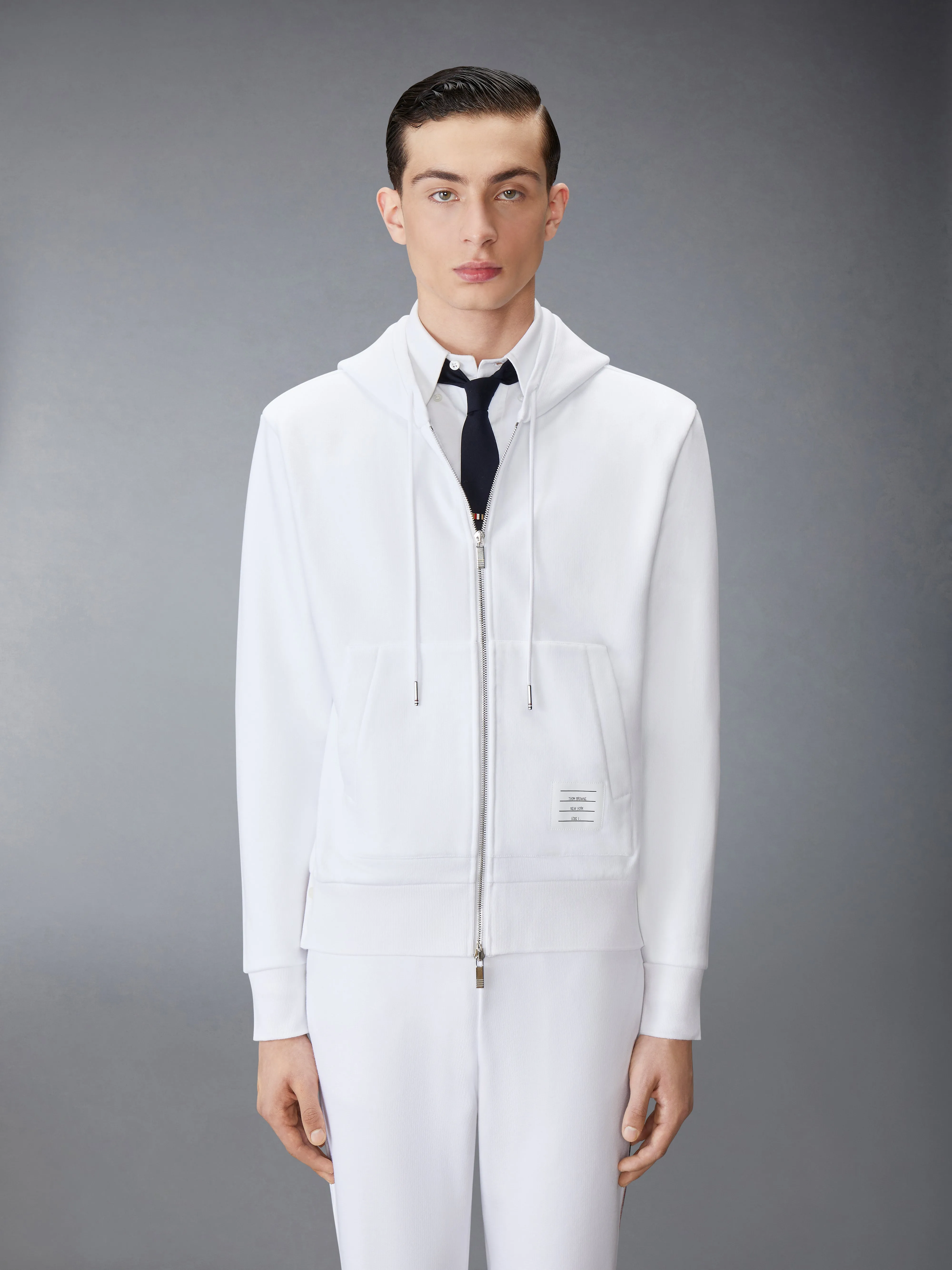 CLASSIC LOOPBACK CENTER BACK STRIPE ZIP UP HOODIE sold by Thom Browne