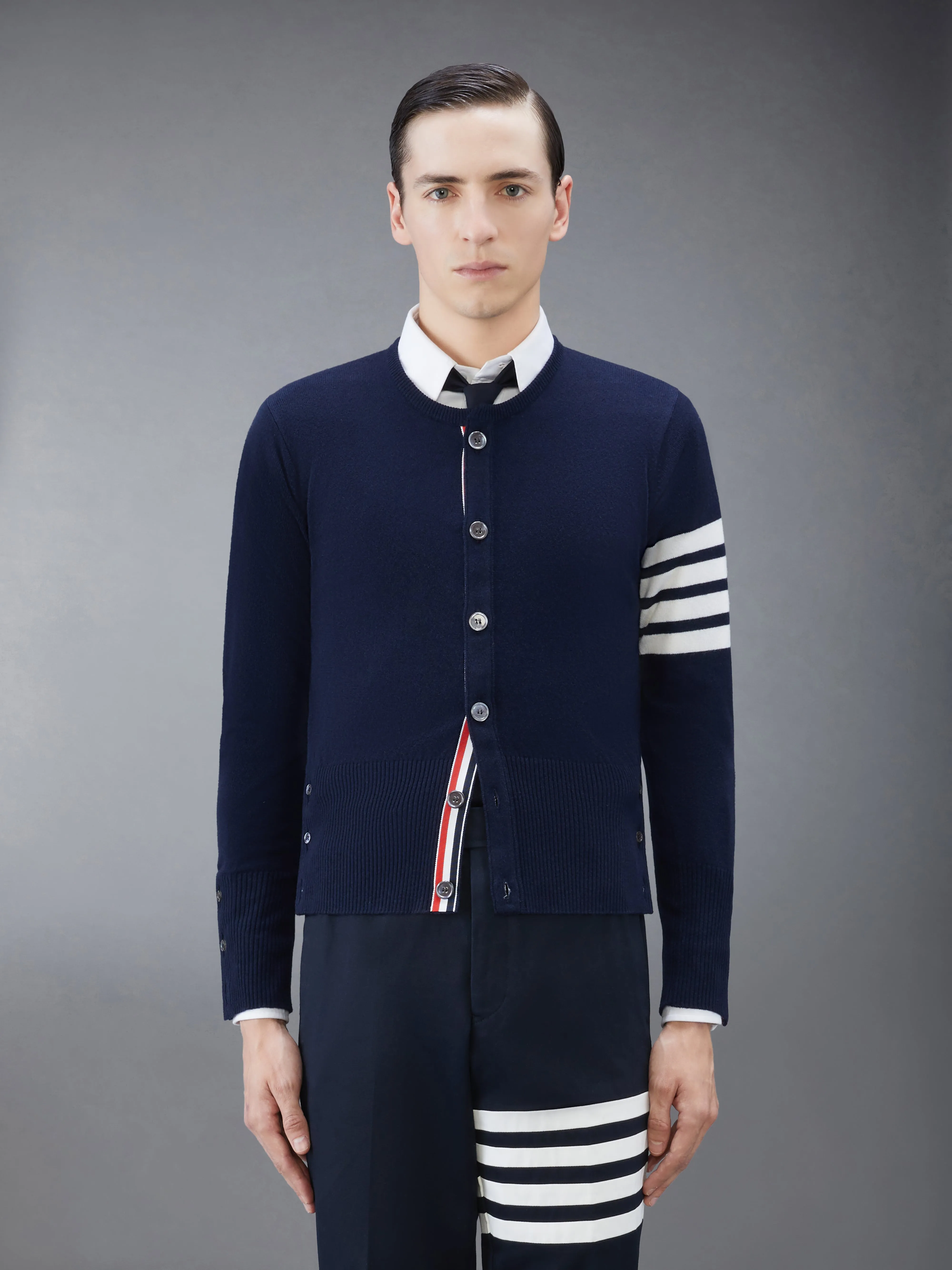 CASHMERE 4-BAR CREW NECK CARDIGAN sold by Thom Browne