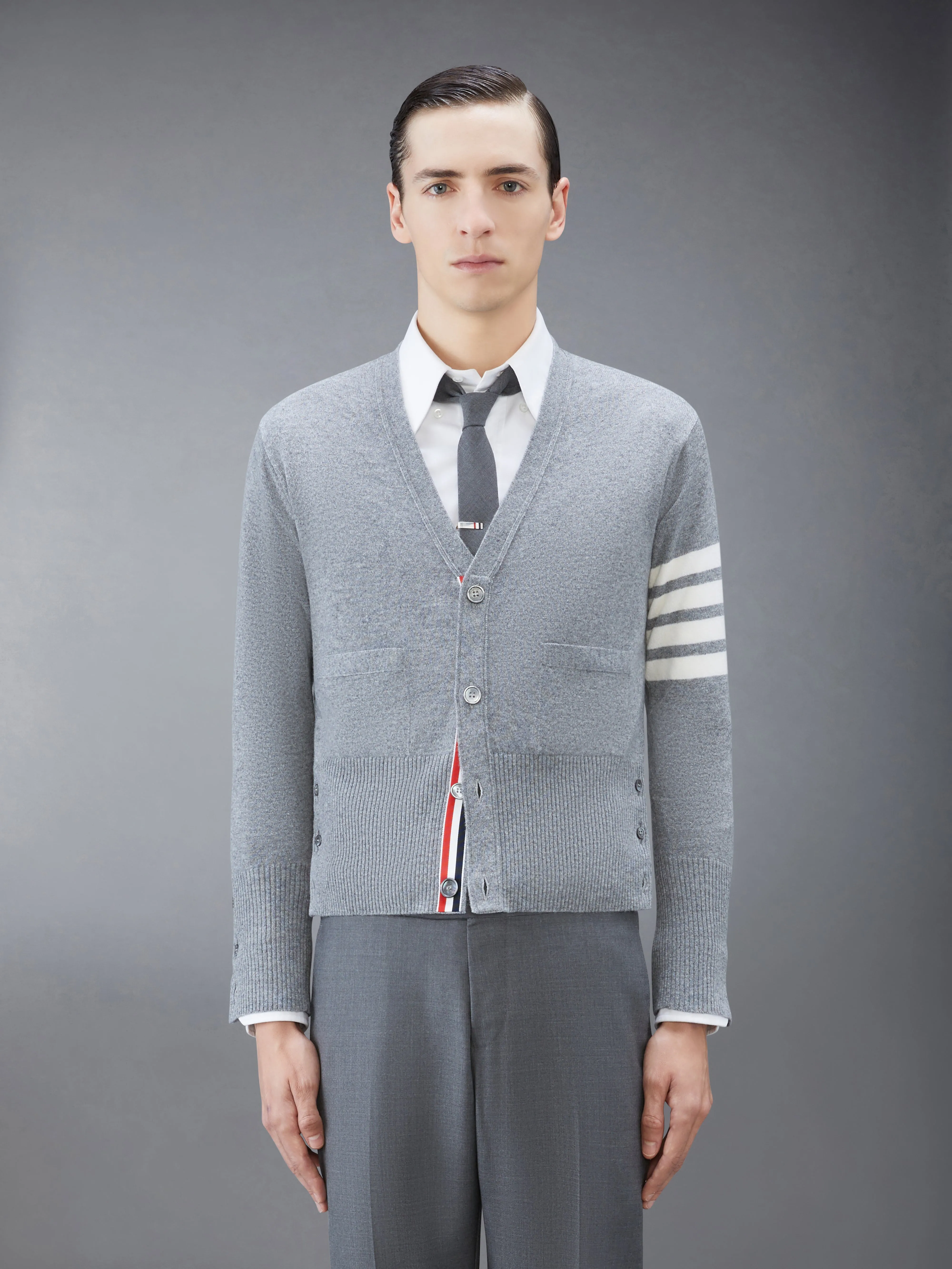 CLASSIC CASHMERE 4-BAR V-NECK CARDIGAN sold by Thom Browne