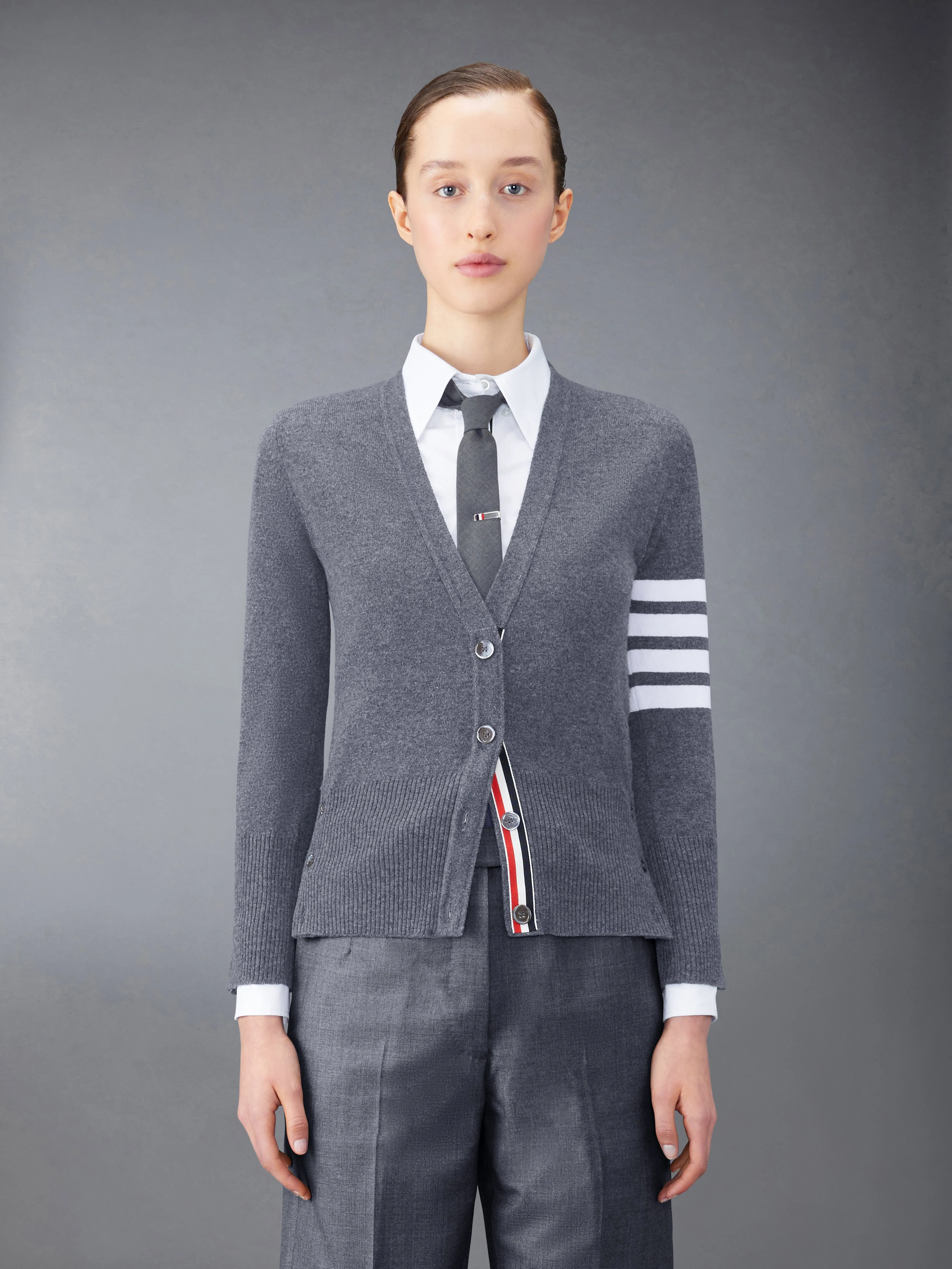 CLASSIC CASHMERE 4-BAR V-NECK CARDIGAN sold by Thom Browne