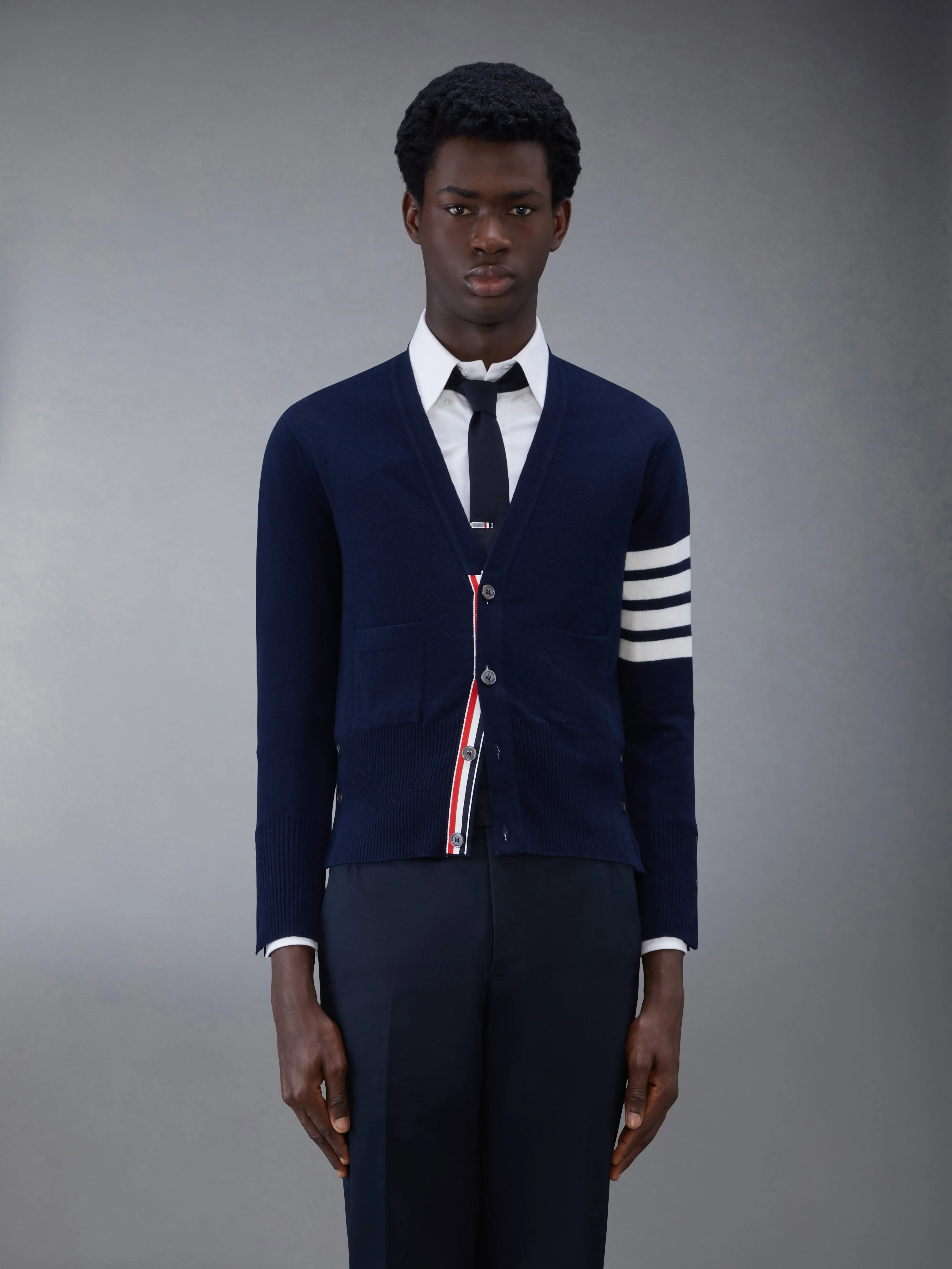 CLASSIC CASHMERE 4-BAR V-NECK CARDIGAN sold by Thom Browne