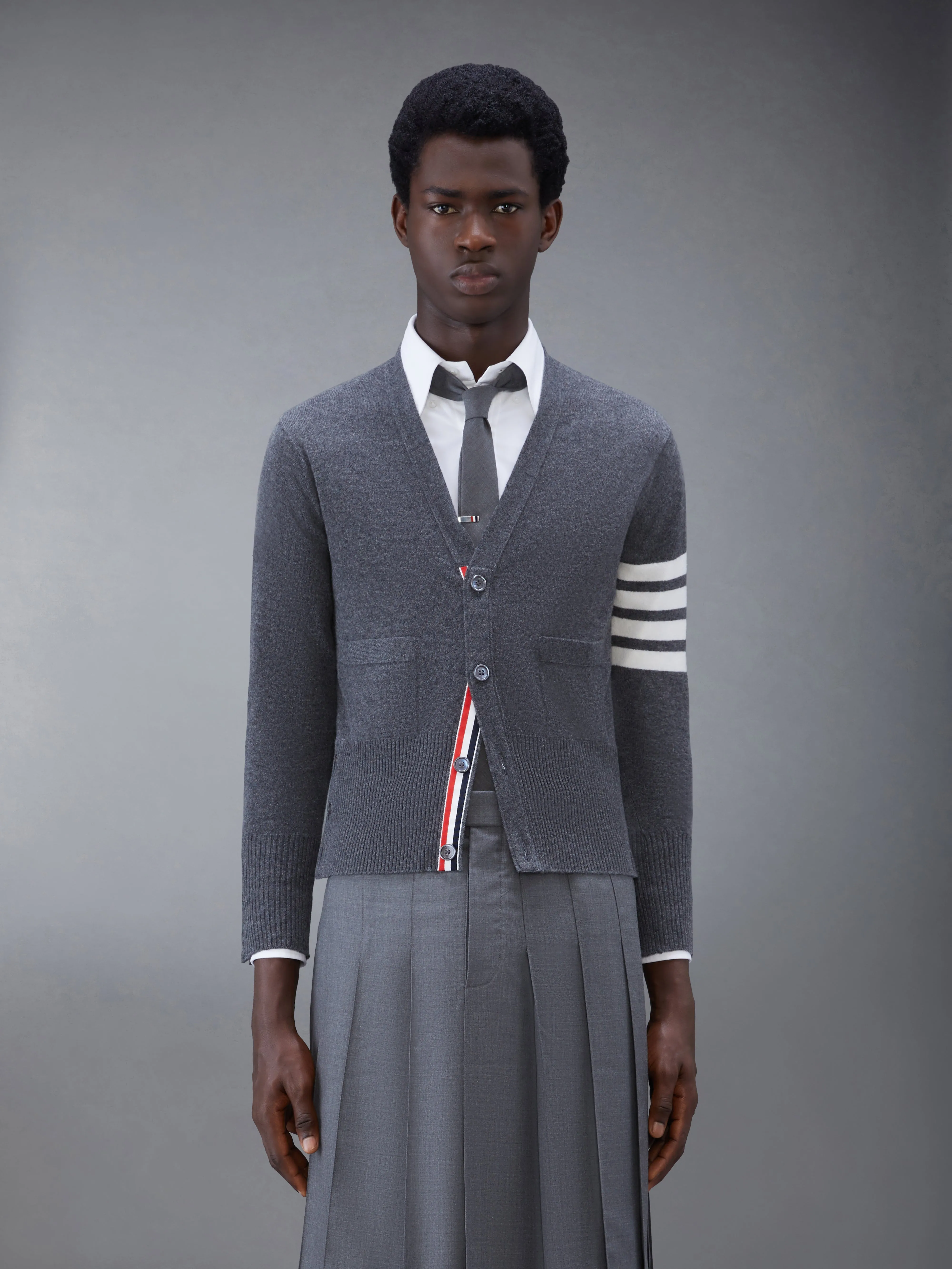 CLASSIC CASHMERE 4-BAR V-NECK CARDIGAN sold by Thom Browne