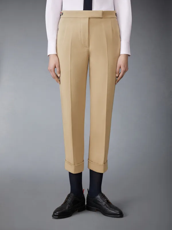 COTTON GABARDINE LOW RISE SLIM TROUSERS sold by Thom Browne