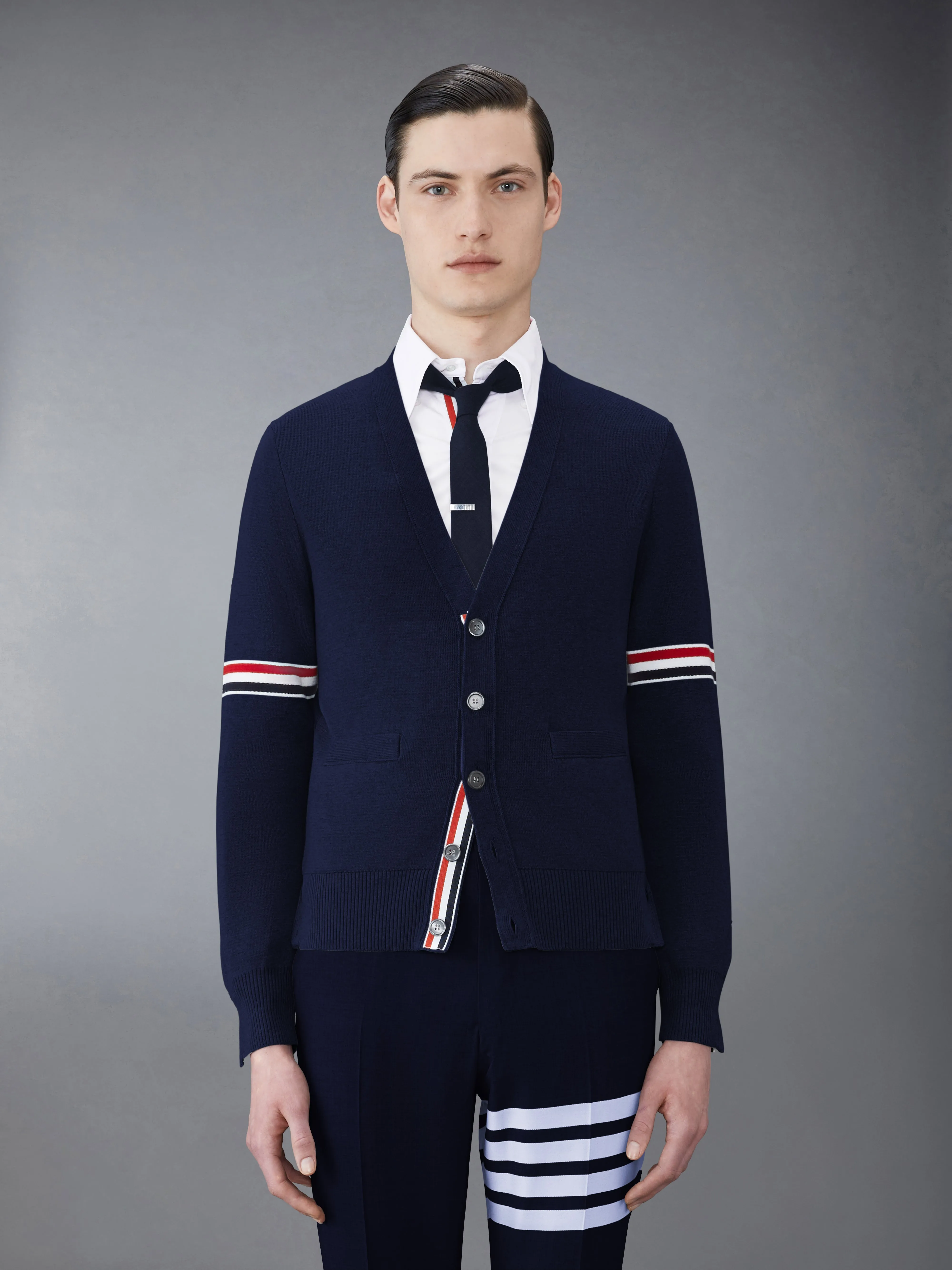 COTTON MILANO STITCH V-NECK CARDIGAN sold by Thom Browne