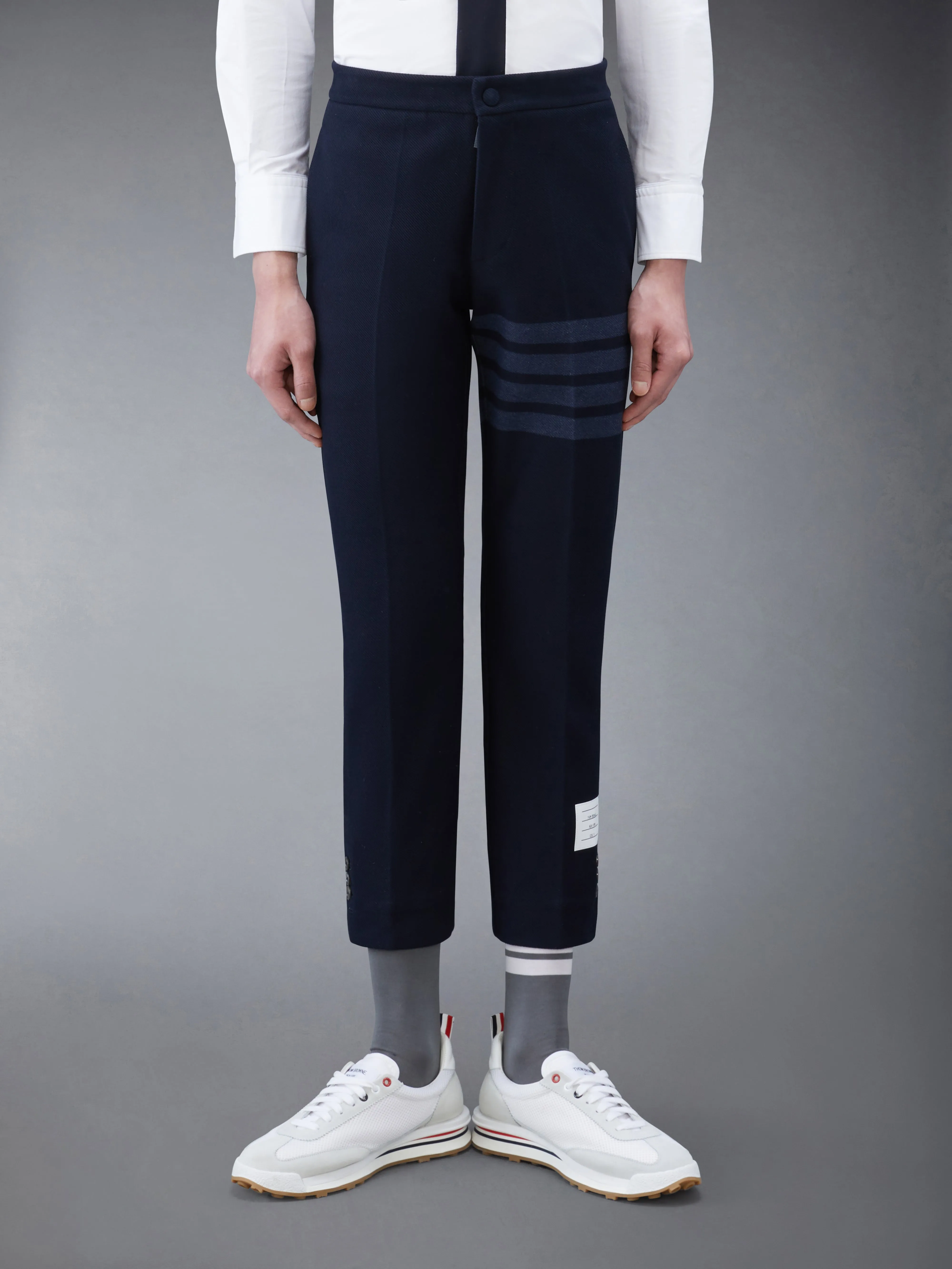 DOUBLE FACE TECH TWILL SLIM TROUSERS sold by Thom Browne