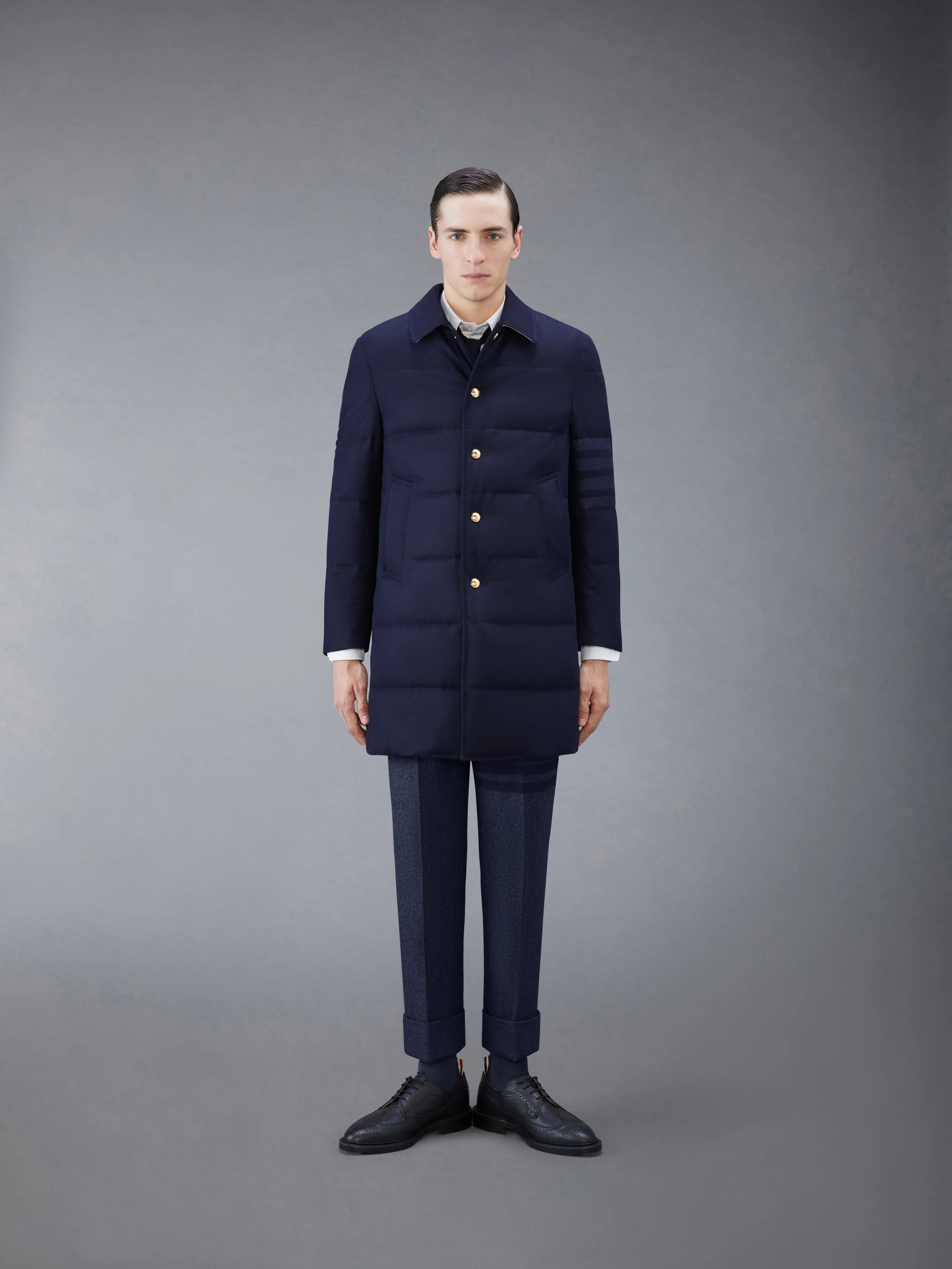 FLANNEL DOWN FILL 4-BAR CLASSIC BAL COLLAR OVERCOAT sold by Thom Browne