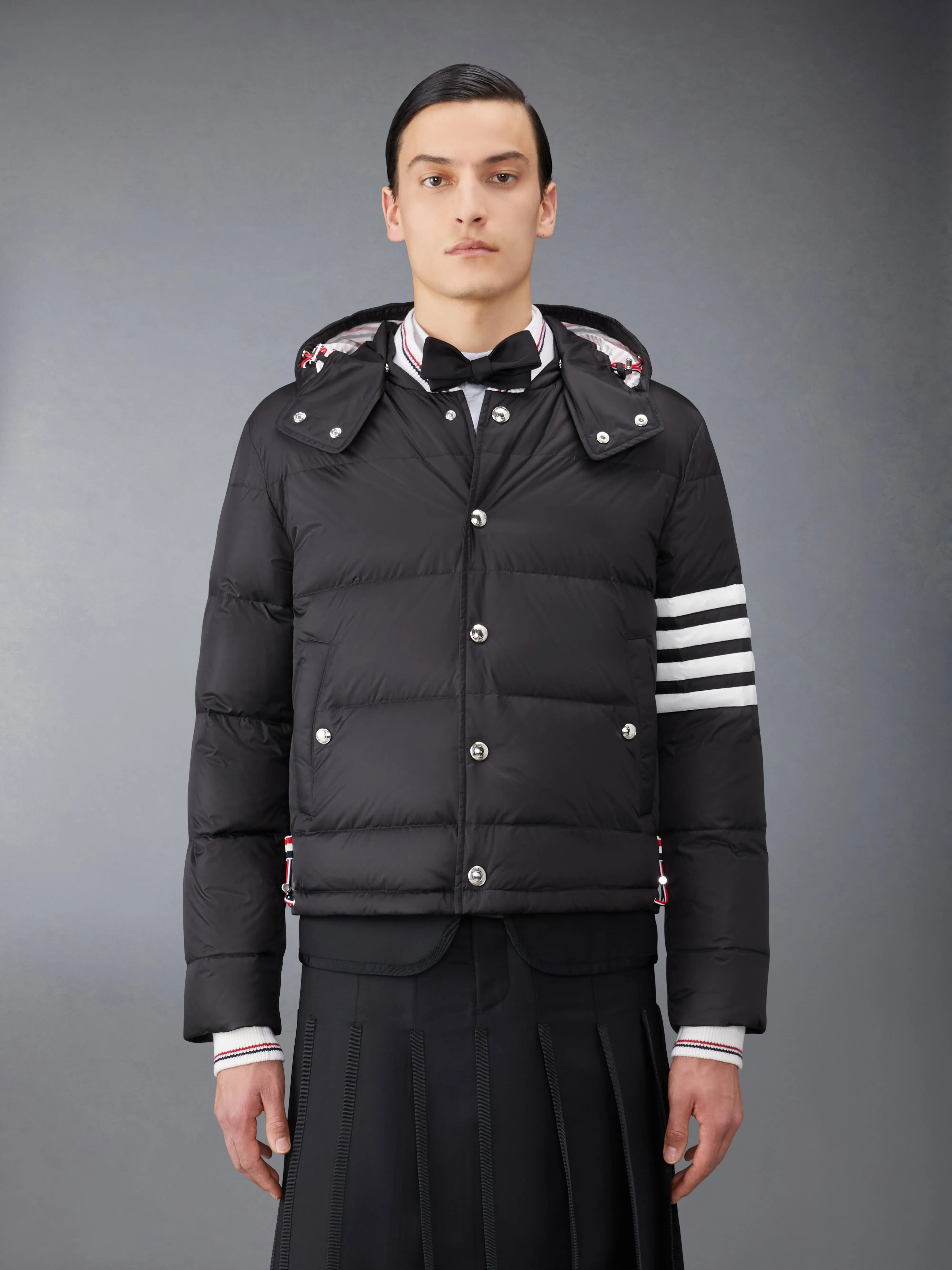 MATTE FINISH NYLON DOWN FILL 4-BAR DETACHABLE HOOD BOMBER sold by Thom Browne