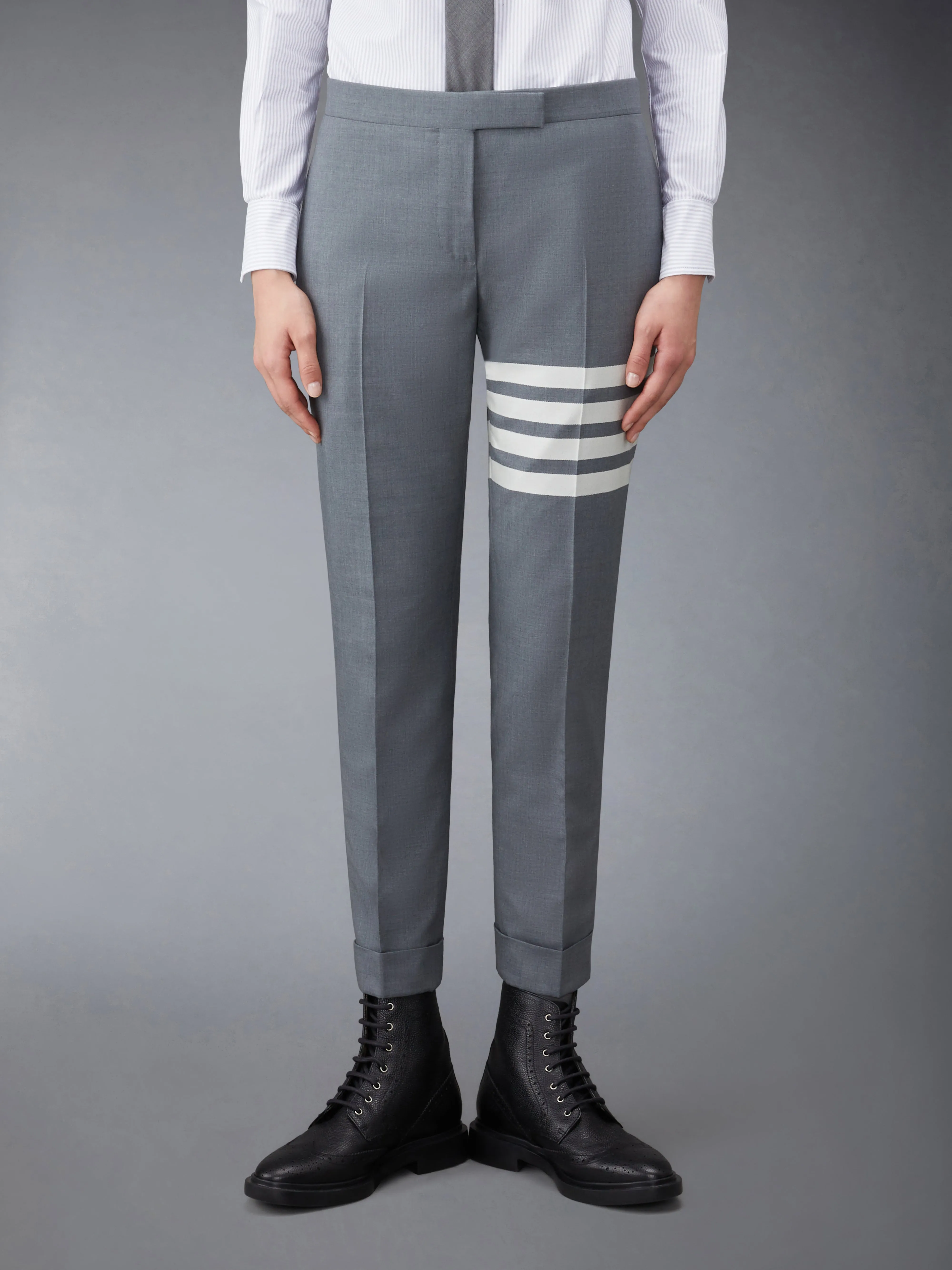 PLAIN WEAVE 4-BAR LOW RISE SKINNY TROUSERS sold by Thom Browne