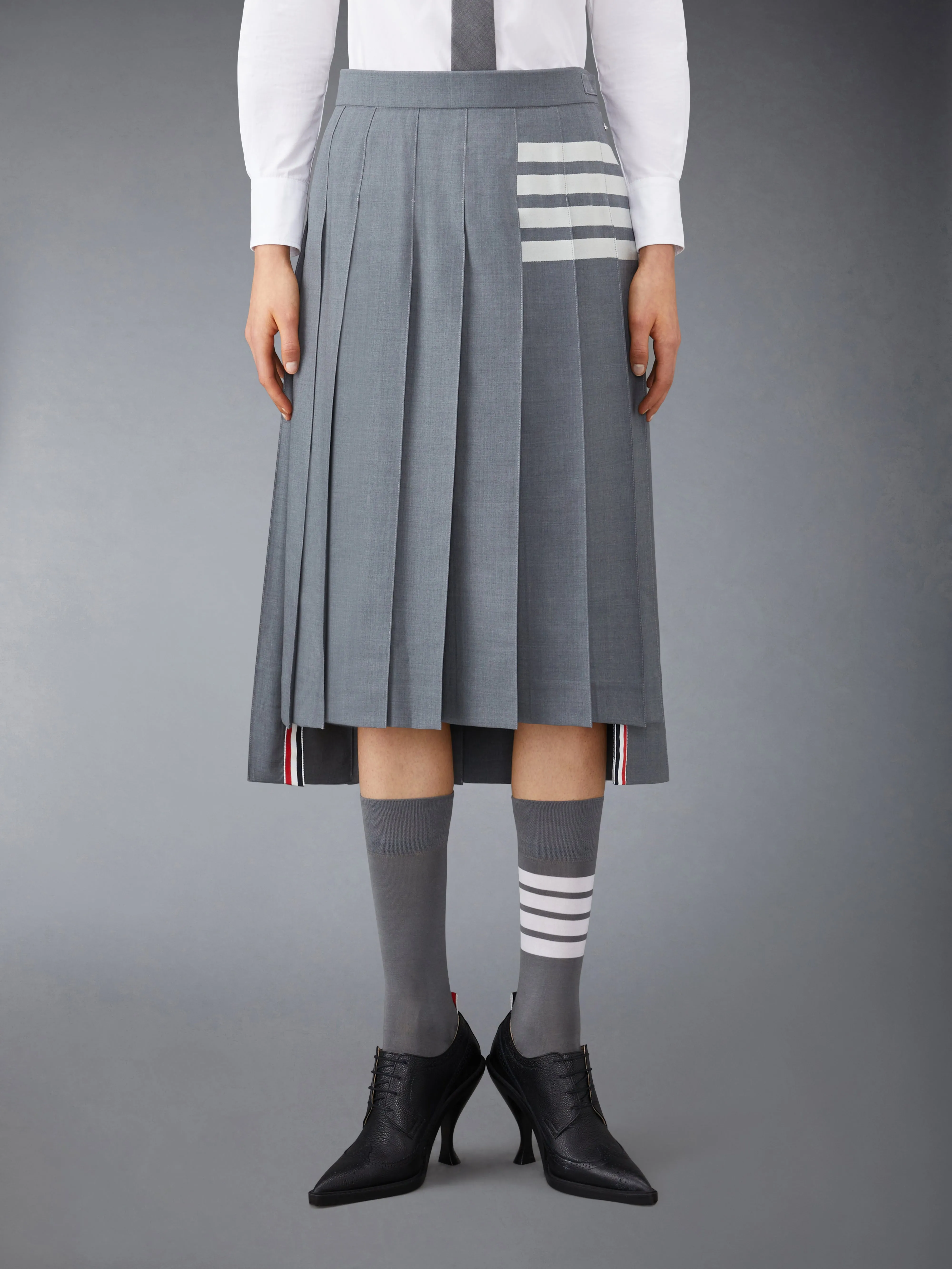 PLAIN WEAVE 4-BAR MIDI PLEATED SKIRT sold by Thom Browne