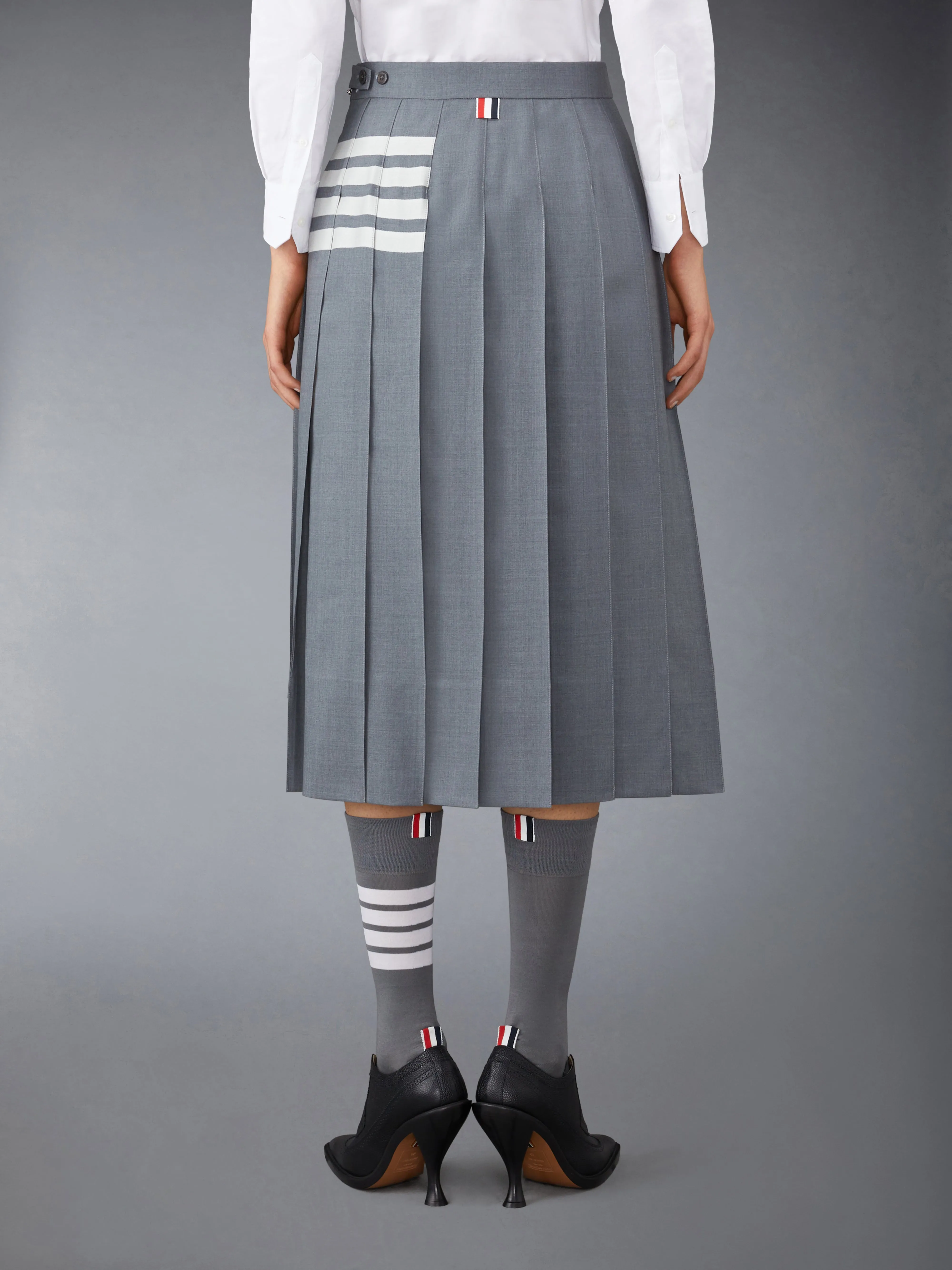 PLAIN WEAVE 4-BAR MIDI PLEATED SKIRT sold by Thom Browne product image thumbnail 3