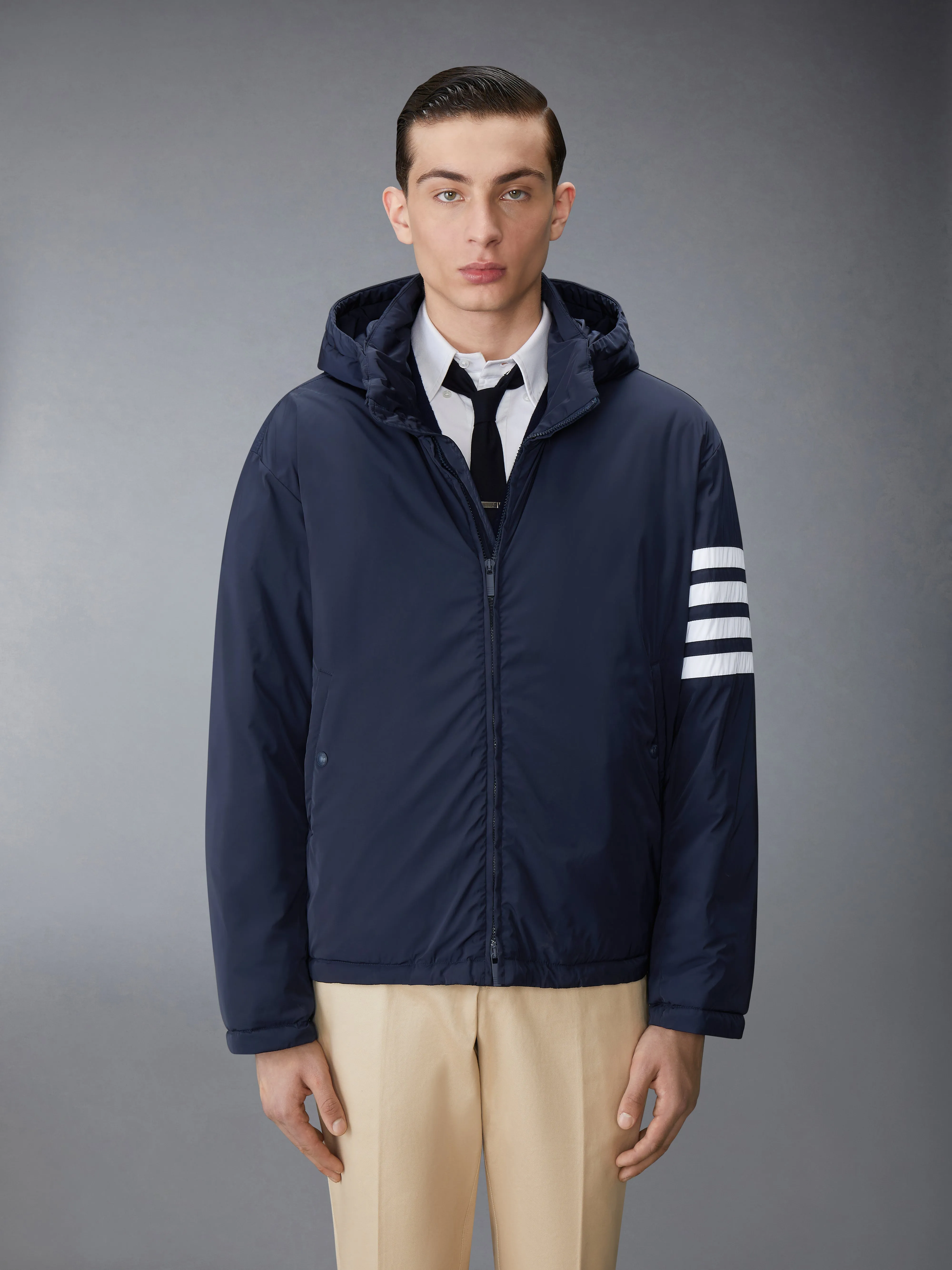 POLY TWILL 4-BAR DOWN FILL ZIP UP HOODED JACKET sold by Thom Browne