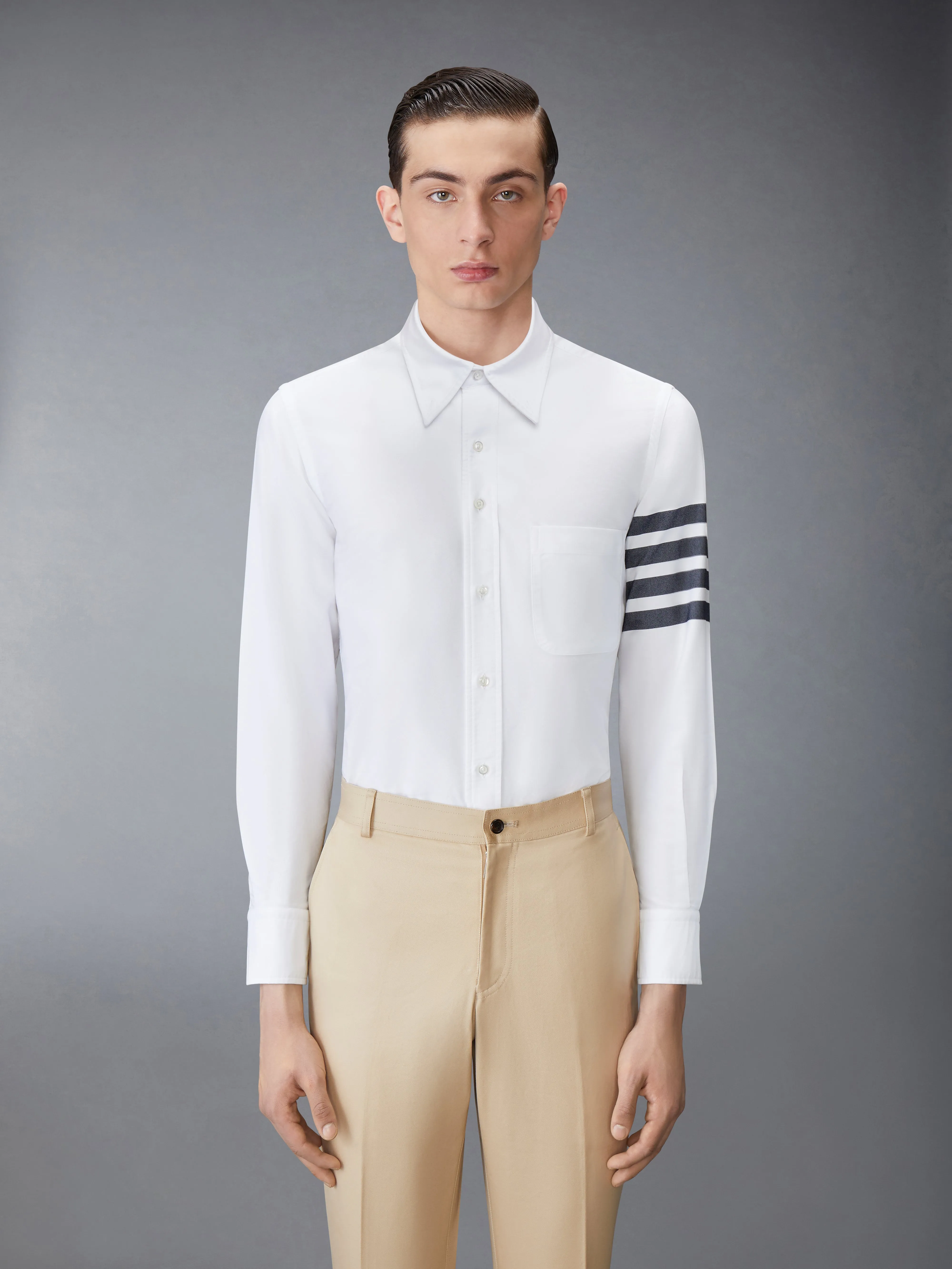 SOLID OXFORD 4-BAR POINT COLLAR SHIRT sold by Thom Browne