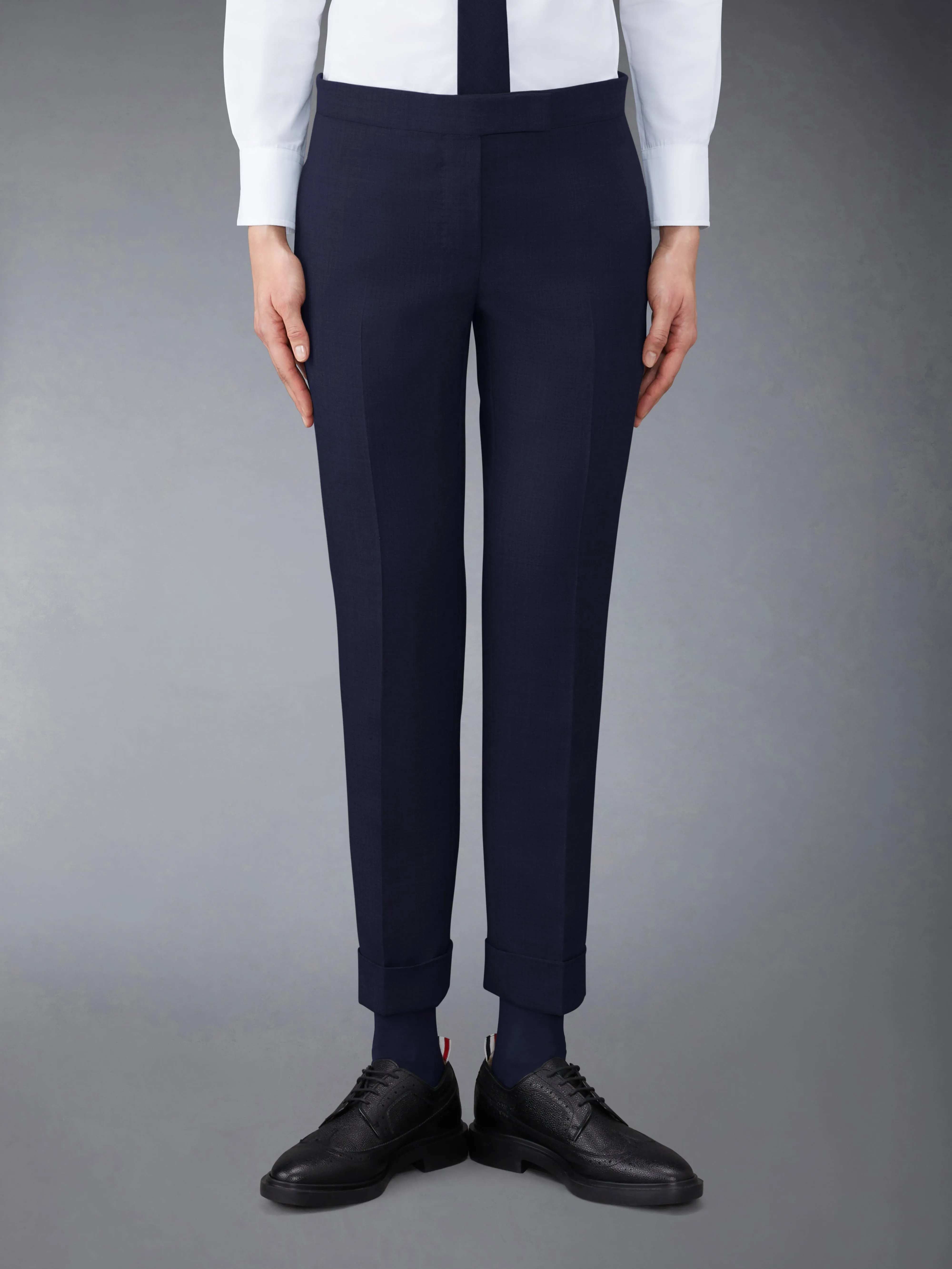 TWILL LOW RISE SKINNY TROUSERS sold by Thom Browne