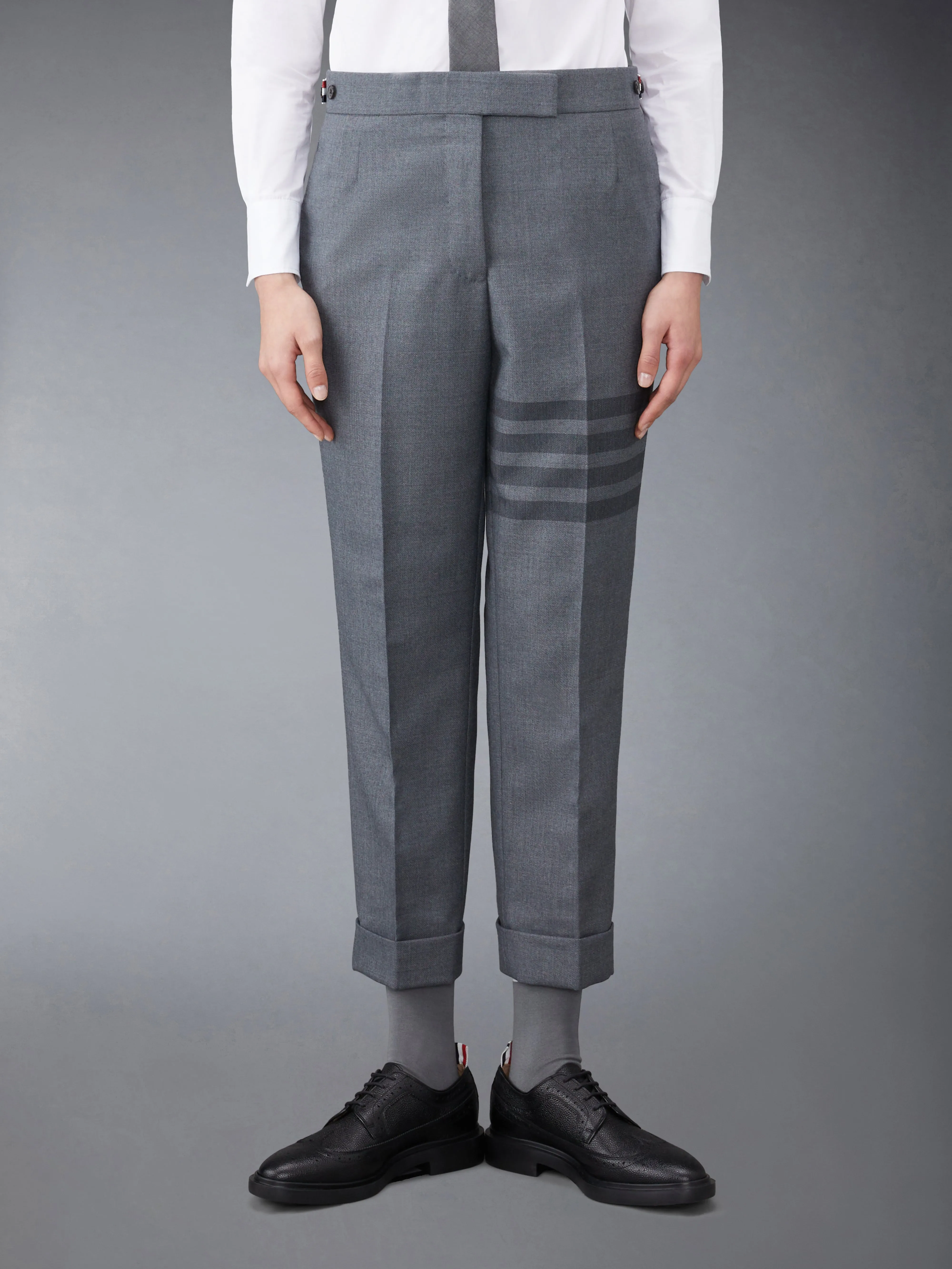 STEP TWILL SCHOOL UNIFORM 4-BAR LOW RISE SKINNY TROUSERS sold by Thom Browne