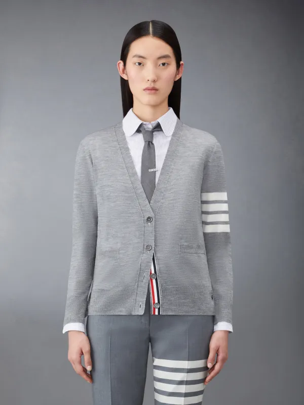 WOOL 4-BAR RELAXED V-NECK CARDIGAN sold by Thom Browne
