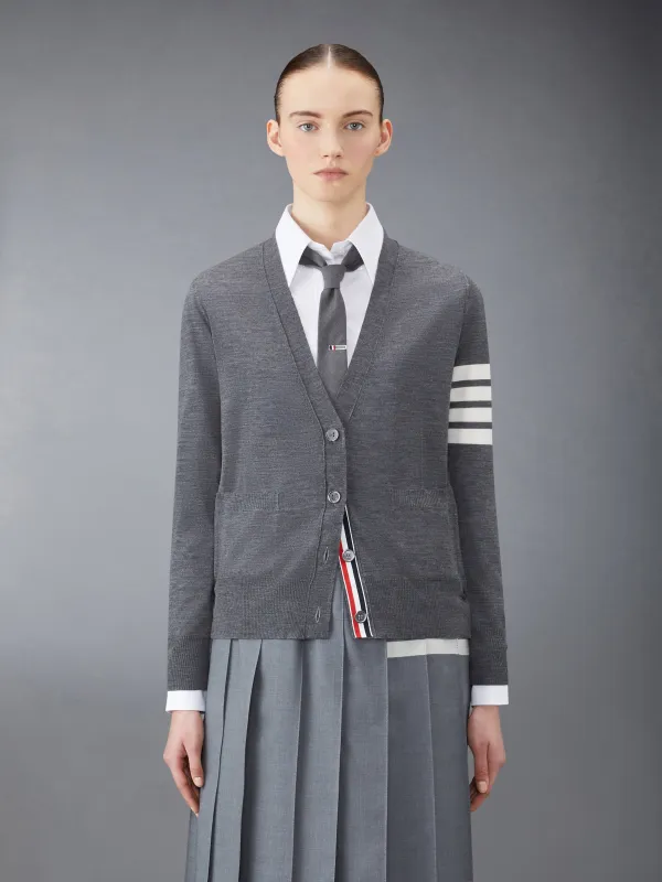 WOOL 4-BAR RELAXED V-NECK CARDIGAN sold by Thom Browne