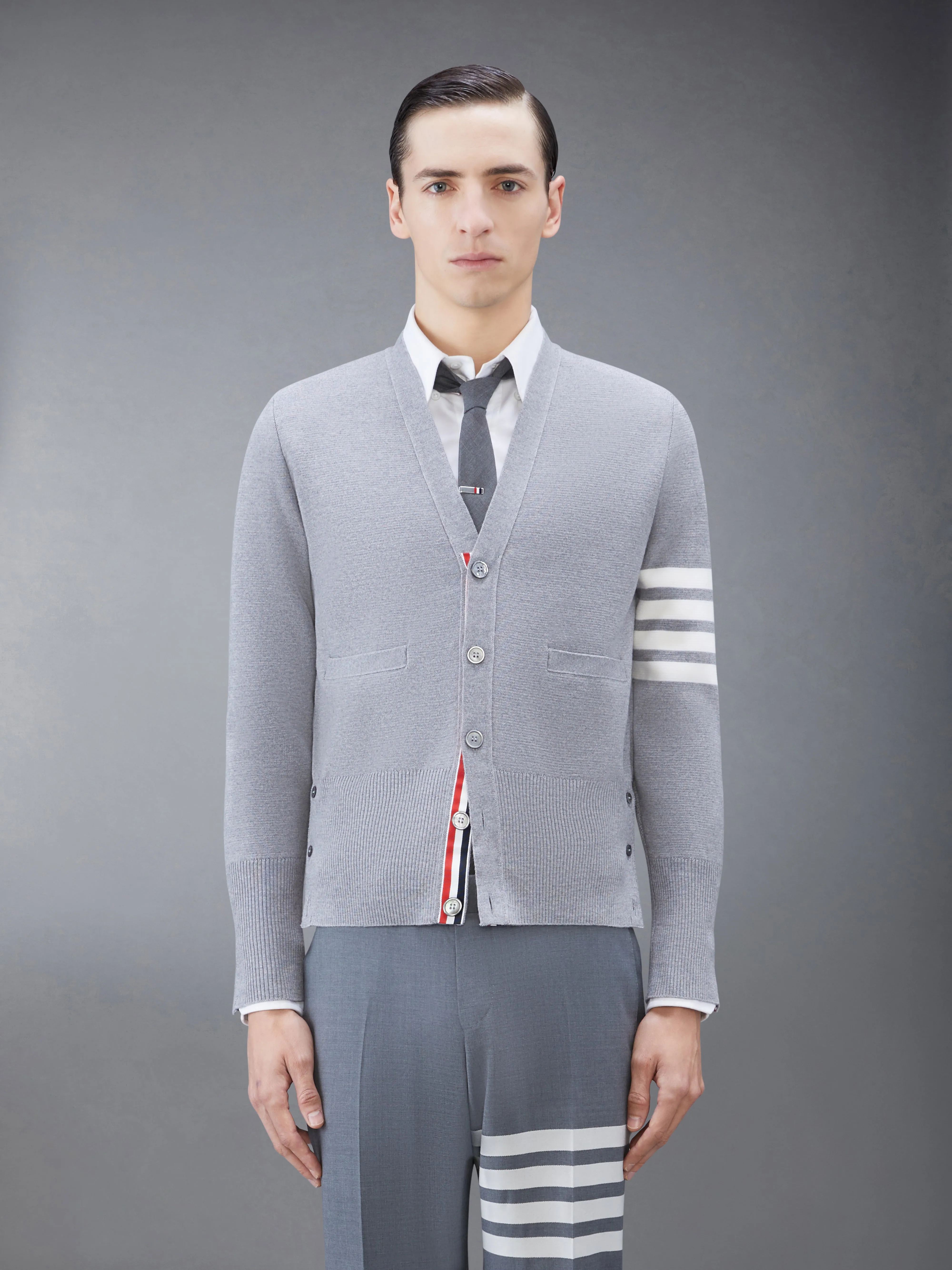 WOOL 4-BAR V-NECK CARDIGAN sold by Thom Browne