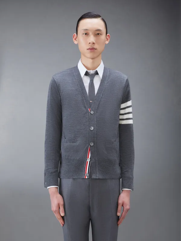 WOOL CLASSIC 4-BAR V-NECK CARDIGAN sold by Thom Browne