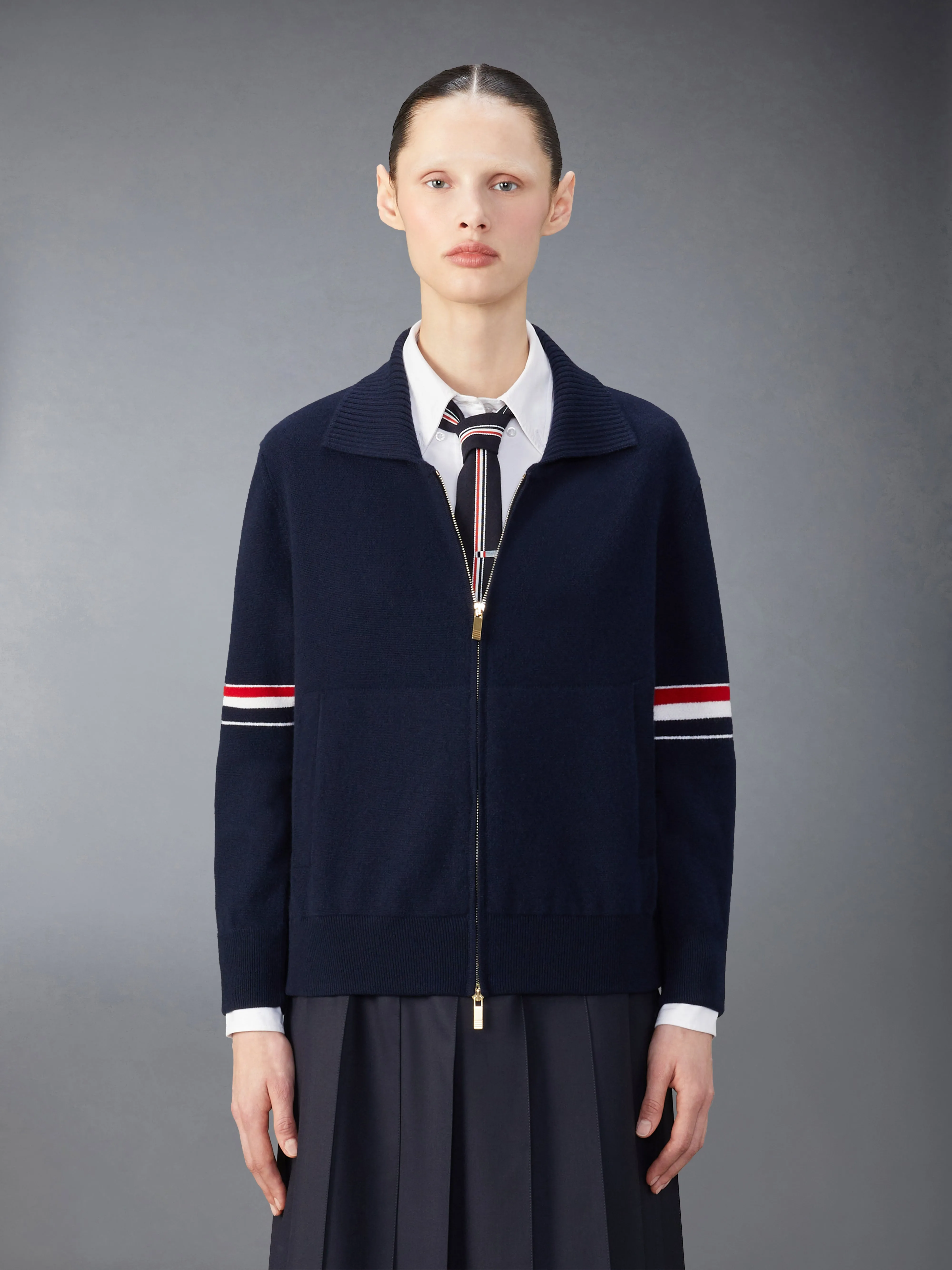 CASHMERE JACQUARD ARMBAND ZIP UP sold by Thom Browne