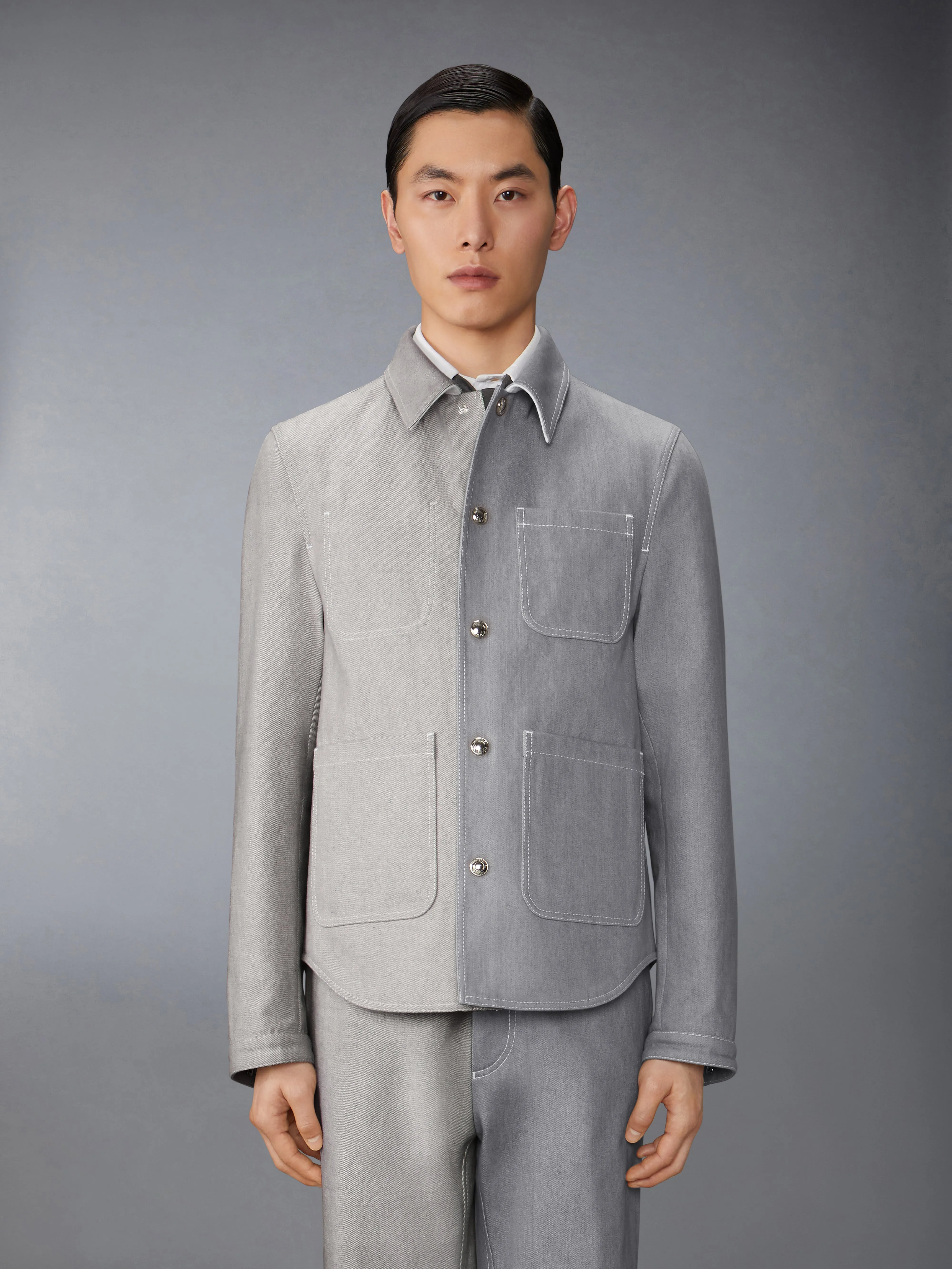 FUNMIX WASHED DENIM CONTRAST UTILITY JACKET sold by Thom Browne