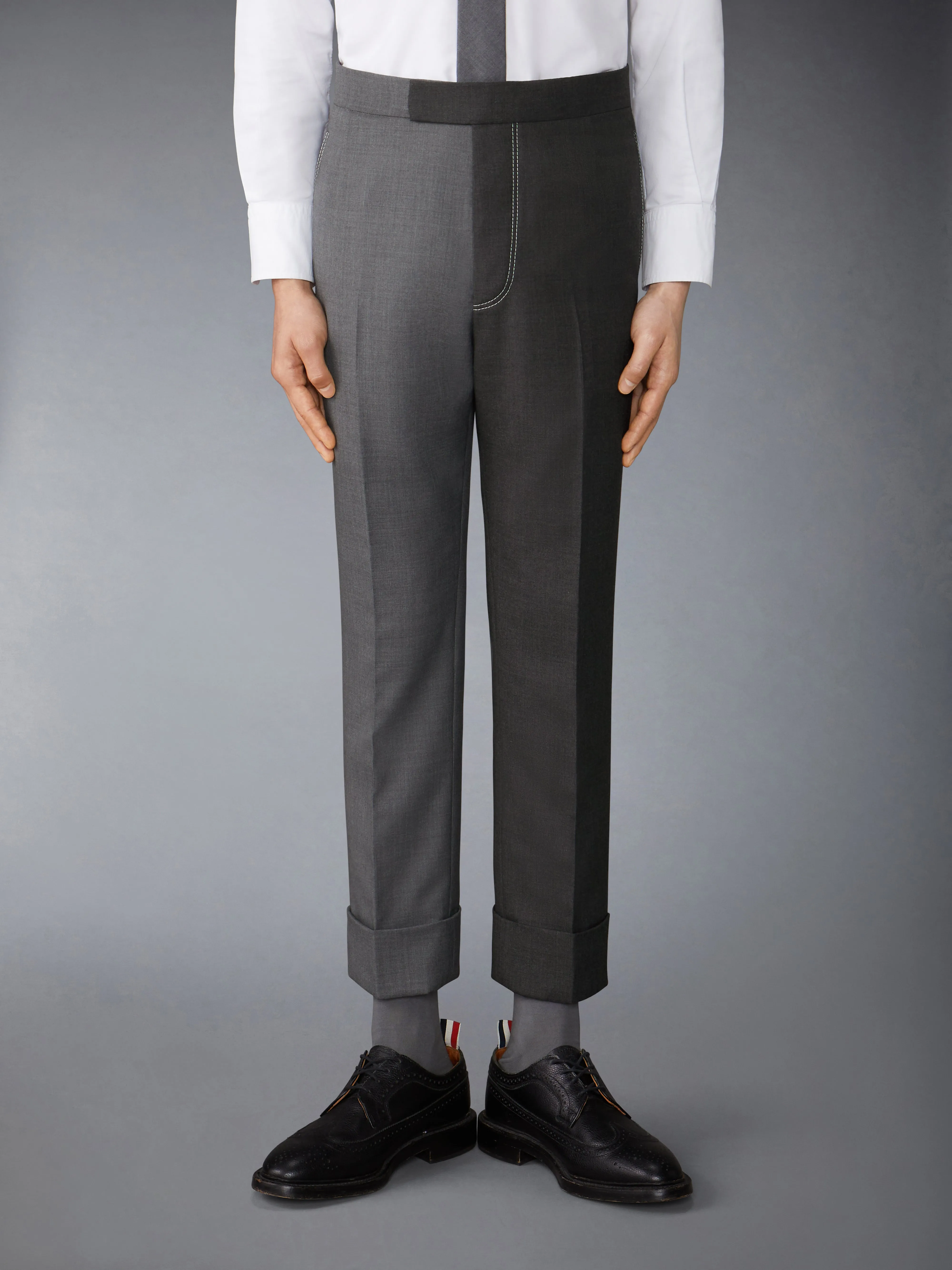 FUNMIX TWILL CONTRAST TOPSTITCHING CLASSIC BACK STRAP TROUSERS sold by Thom Browne