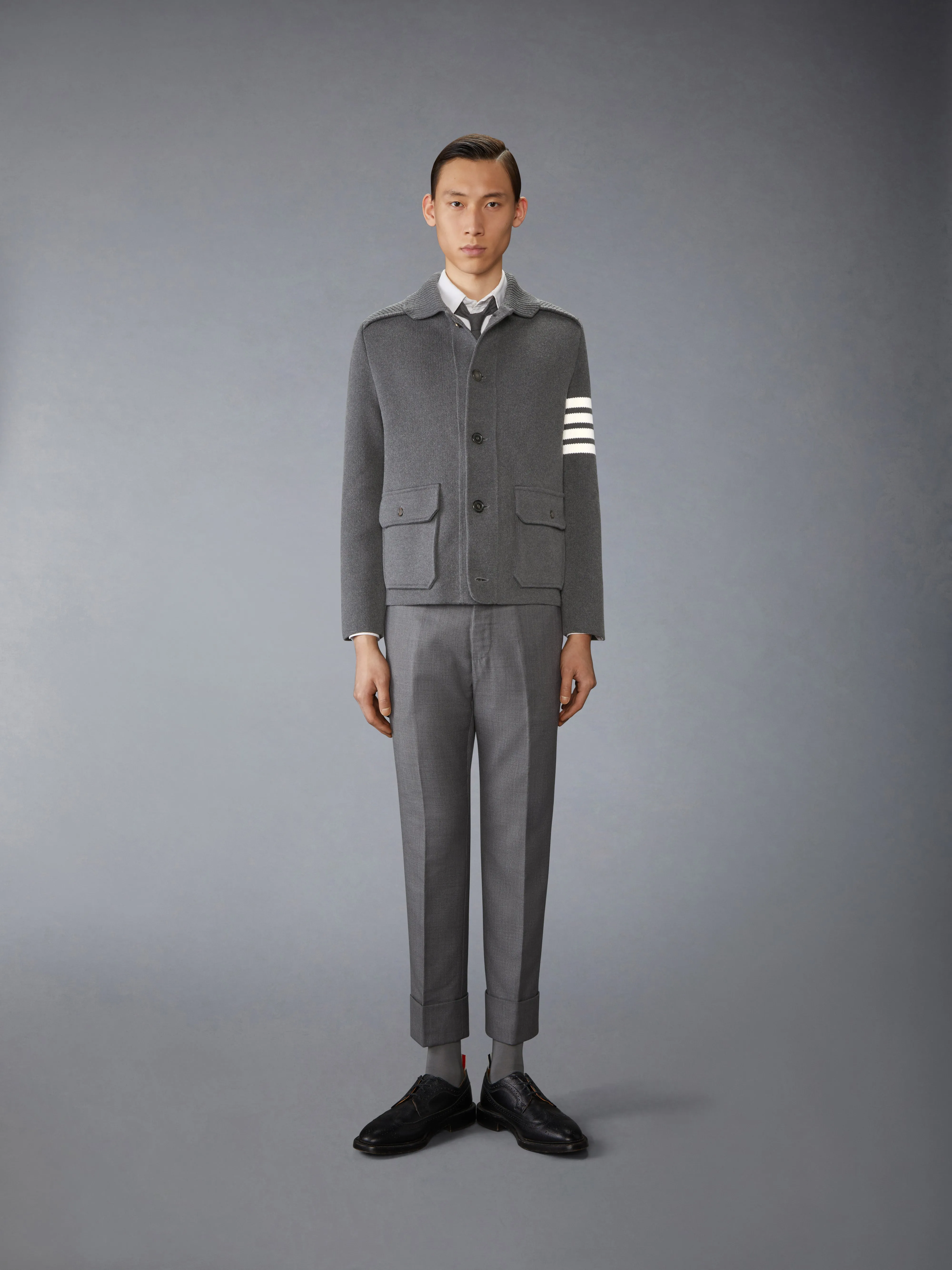 COTTON CASHMERE INTERLOCK 4-BAR POLO COLLAR JACKET sold by Thom Browne product image thumbnail 2