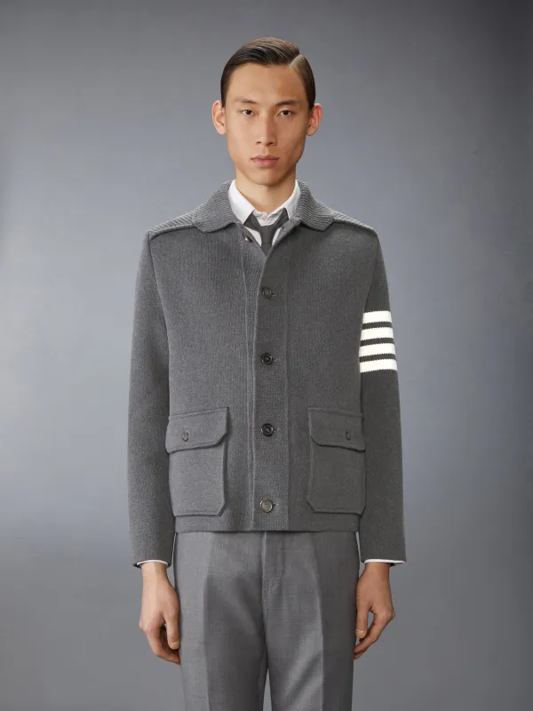 COTTON CASHMERE INTERLOCK 4-BAR POLO COLLAR JACKET sold by Thom Browne