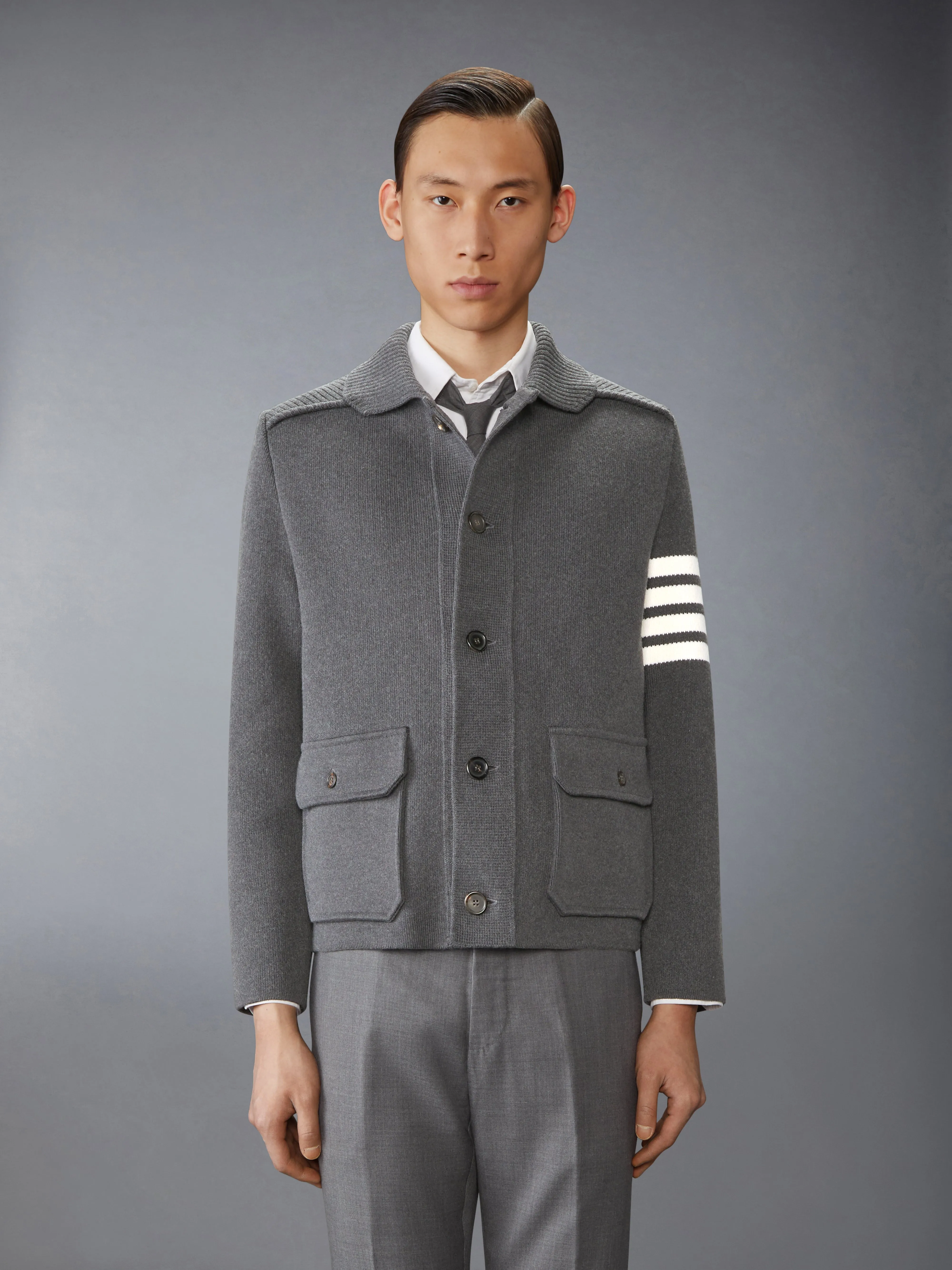 COTTON CASHMERE INTERLOCK 4-BAR POLO COLLAR JACKET sold by Thom Browne
