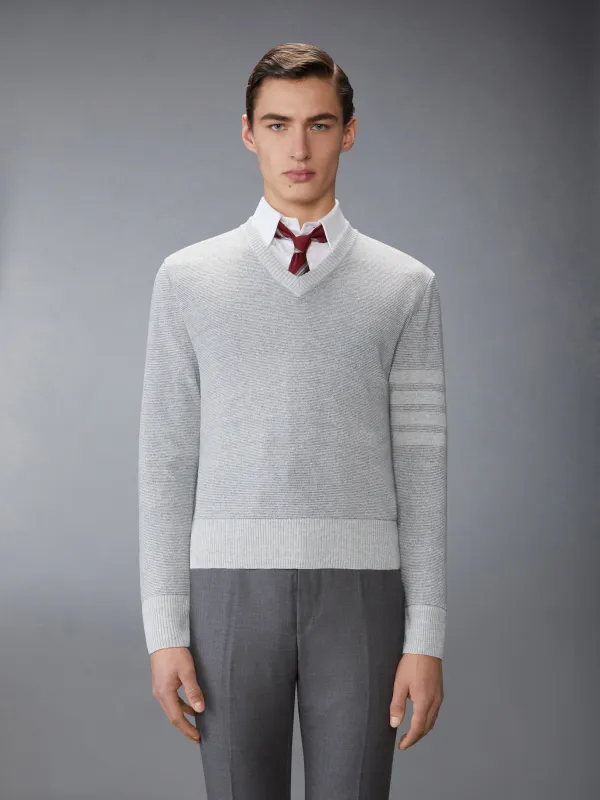 TEXTURED STRIPED STITCH 4-BAR RELAXED FIT V NECK PULLOVER sold by Thom Browne