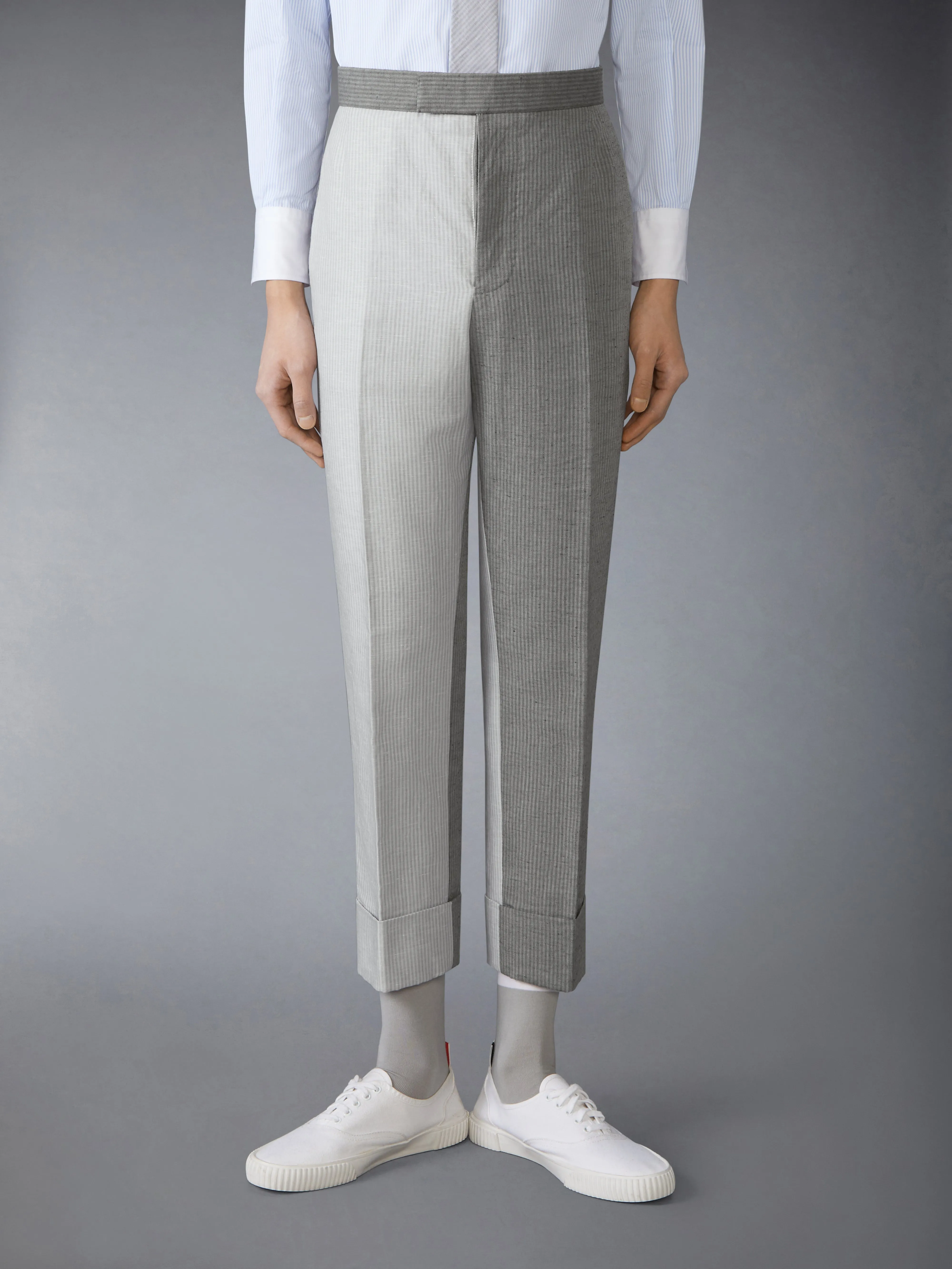 TONAL UNIVERSITY STRIPE LINEN COTTON TROUSER sold by Thom Browne